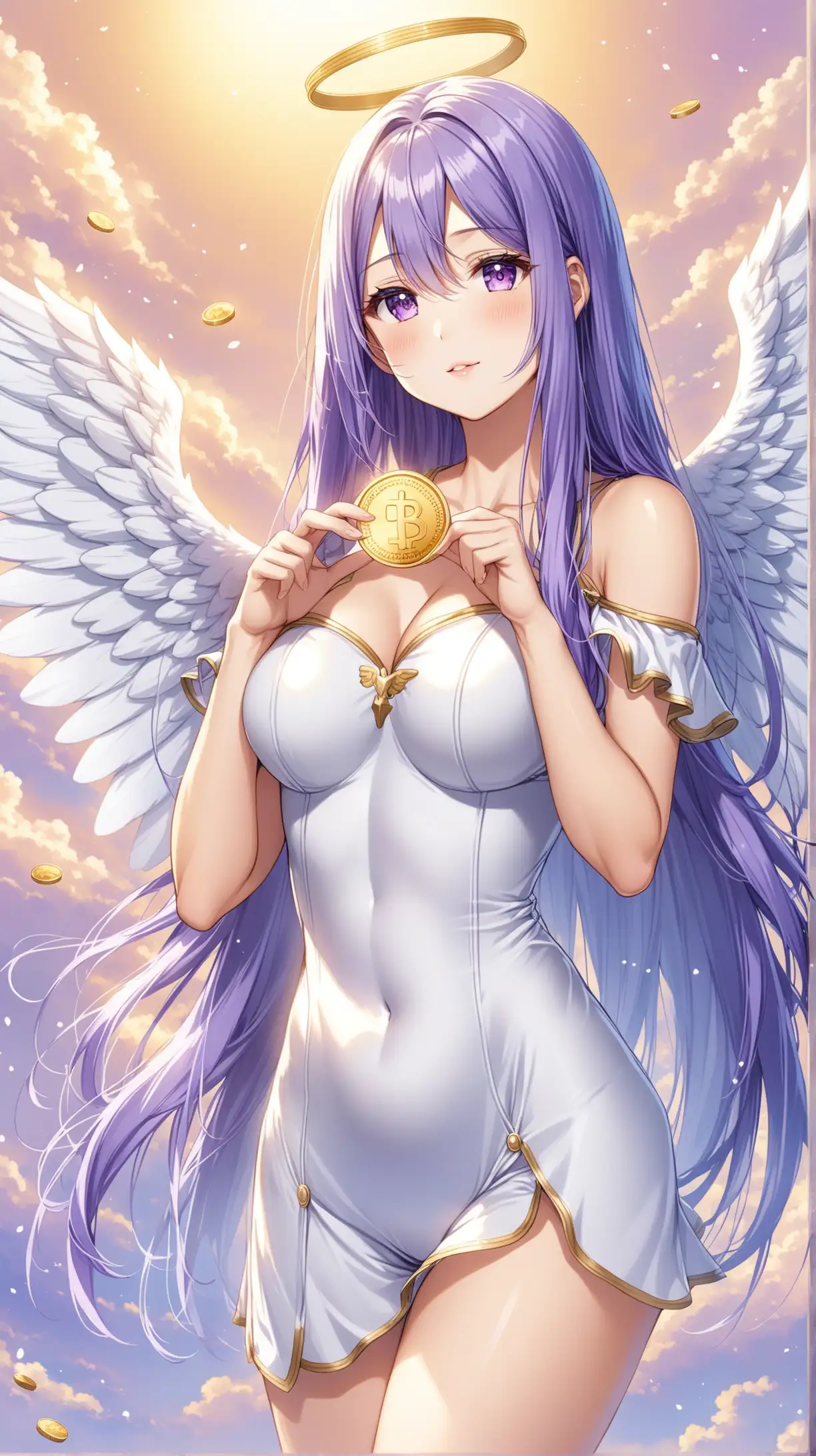 Sexy girl carry coin, grey angel costume, white wing, purple long hair, medium short, heaven background.