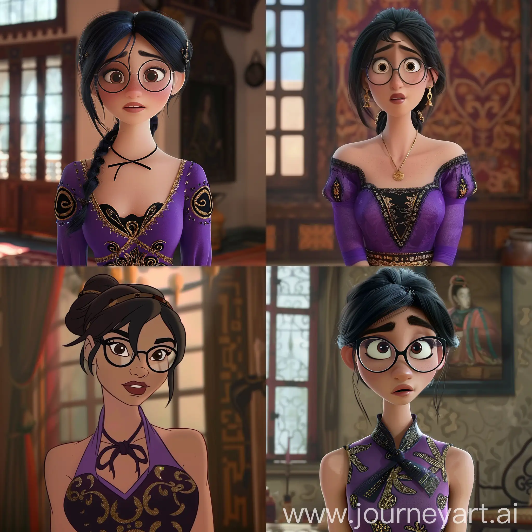 Scene from disney modern animation a brunette woman with black hair tied up, she wears glasses and is a little fat and wears a purple dress with black and gold designs for her oval face, she has a thin mouth and a wide nose