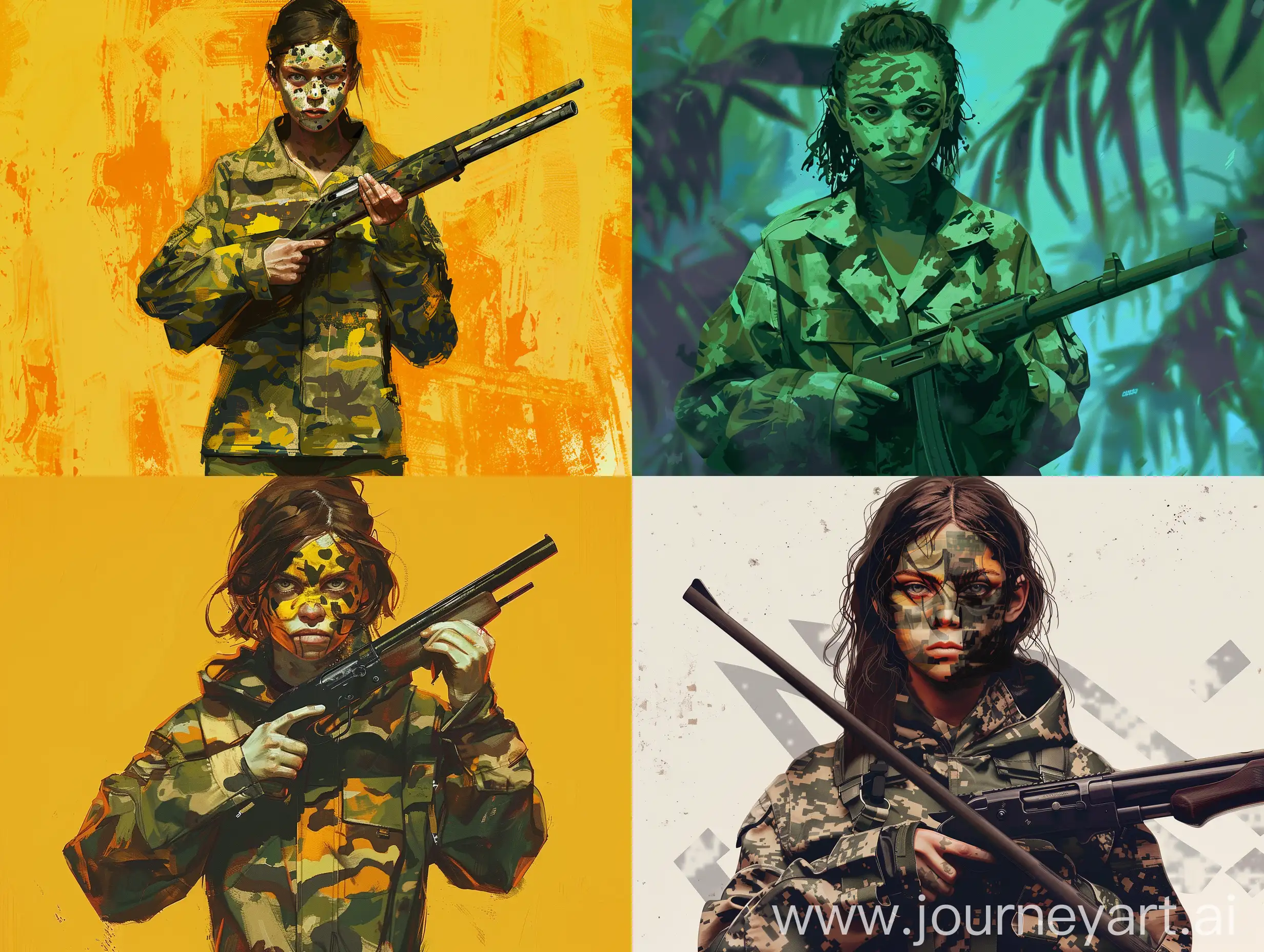 Stealthy-Woman-in-Camouflage-Suit-with-Shotgun-Hotline-Miami-Style-Art