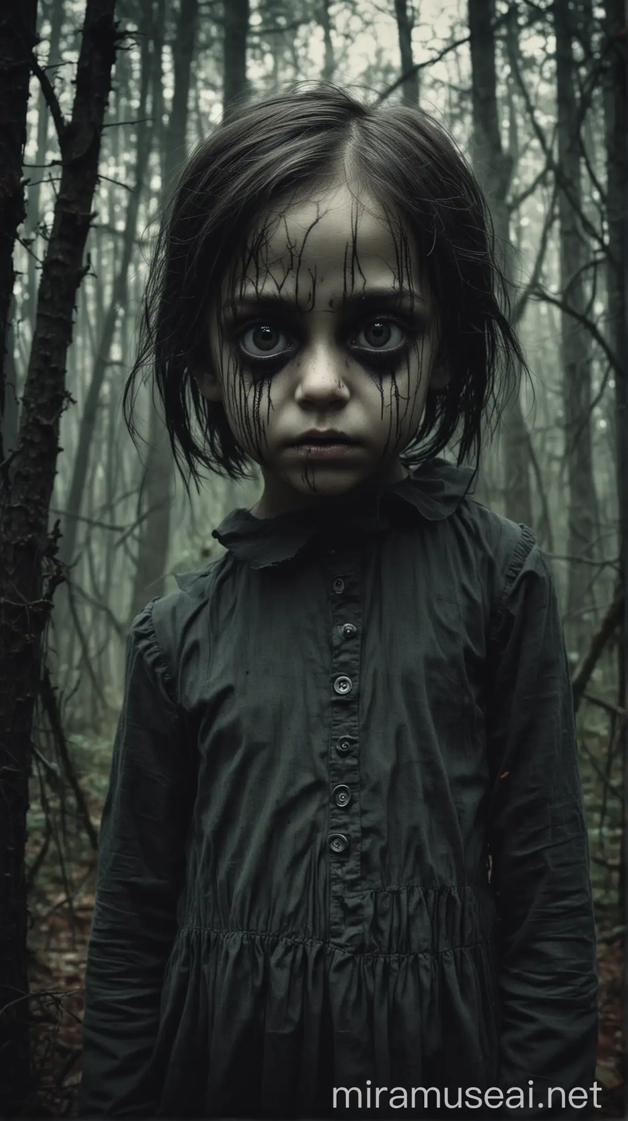 create an image inspired by a black-eyed children child in a dark forest with a creepy mast on looking into the camera