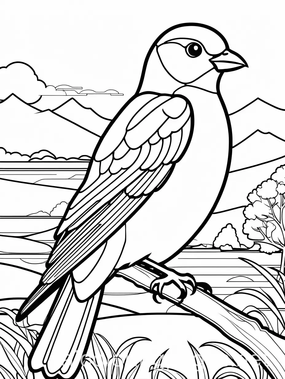 extremely simple, cartoon style, beautiful bird, with beautiful scenery at the background, easy to color, black and white, coloring page, Coloring Page, black and white, line art, white background, Simplicity, Ample White Space, The background of the coloring page is plain white to make it easy for young children to color within the lines. The outlines of all the subjects are easy to distinguish, making it simple for kids to color without too much difficulty