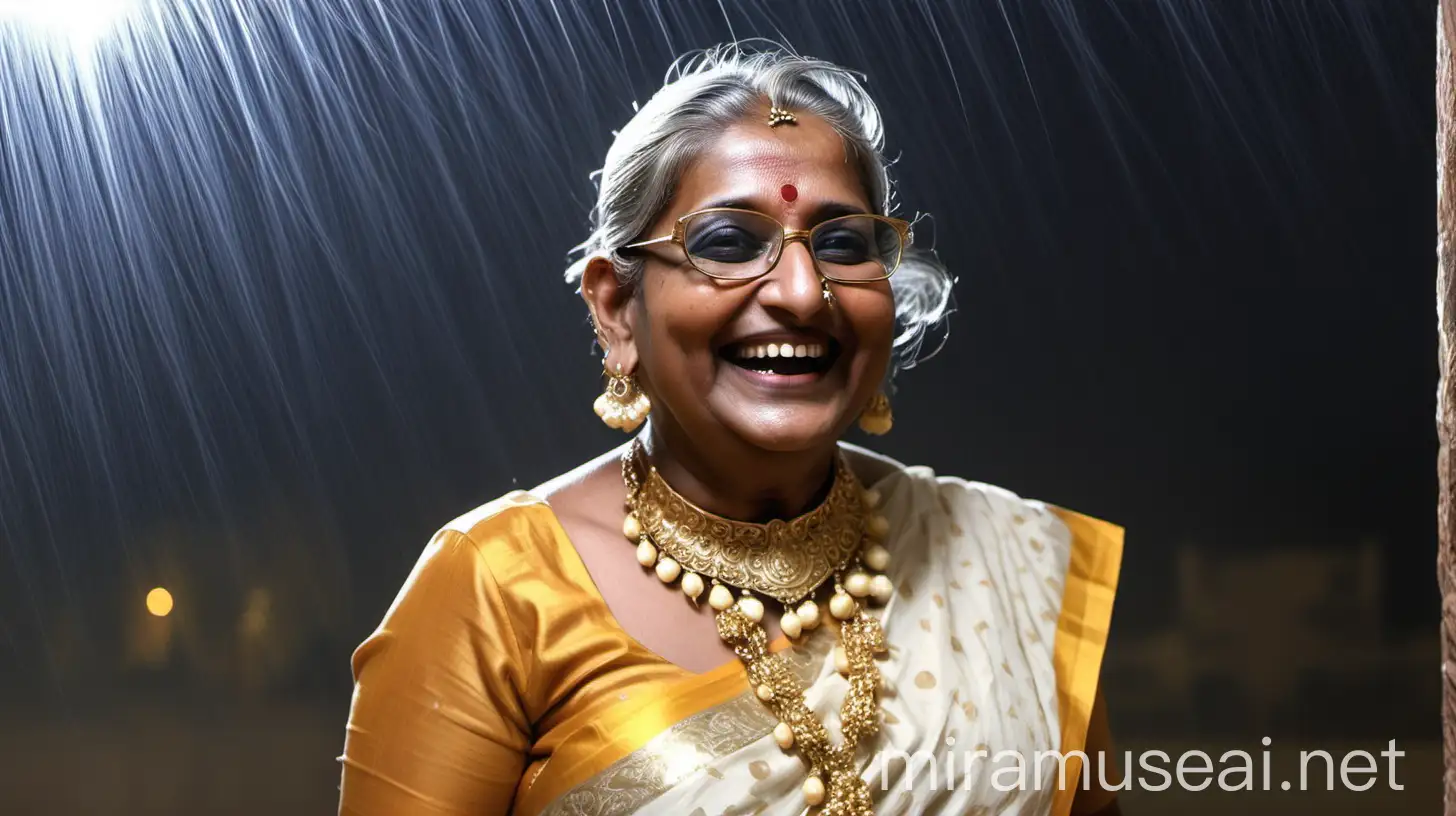
a indian  mature  fat woman having big stomach age 57 years old attractive looks with make up on face ,binding her high volume  bleached hairs, open  gajra bun Hairstyle. wearing metal anklet on feet and high heels,  . she is happy and laughing . she is wearing gold  neck lace in her neck , earrings in ears, a gold spectacles with chain holder on her eyes and both are  wearing salwar kameez on her body. she is standing in a   . , in a luxurious palace  and enjoying the rain  , and its night time . its raining very heavy . 

