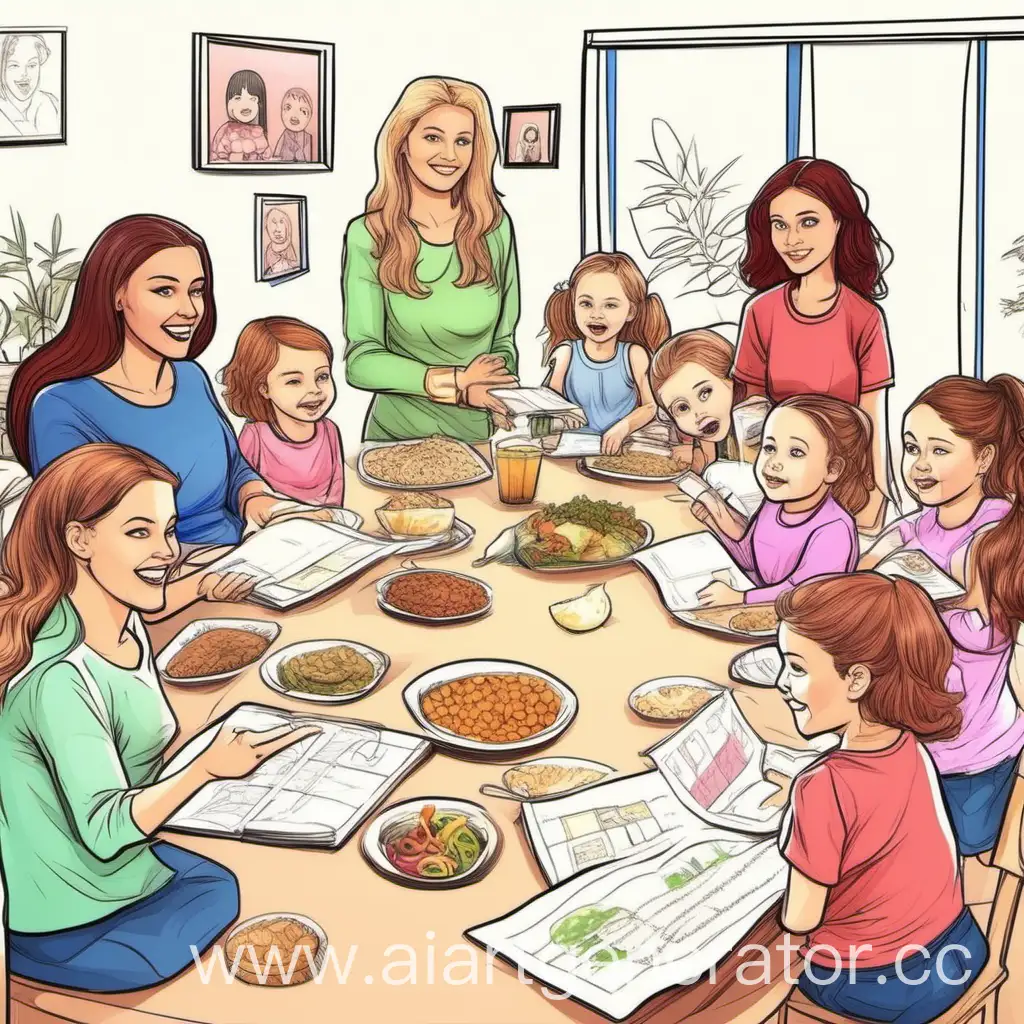 Нарисуй мультипликационную картинку для чата мам с девушками европеоидной расы, где сегодня обсуждали прикорм, закрытый денежный долг и веселых малышей