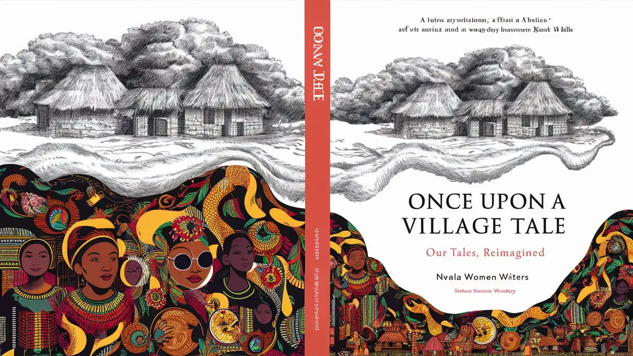 full book cover, African mythology and folklore, showcasing pencil drawing of african village with huts infused with mythology at the bottom of the cover, traditional patterns, and african women symbolic elements Flowing out of the bottom rising to the top in full colour. Title 'Once Upon A Village Tale' Author "Nwala Women Writers" subtitle "Our Tales, Reimagined" notes on cover 'Short Story Anthology'