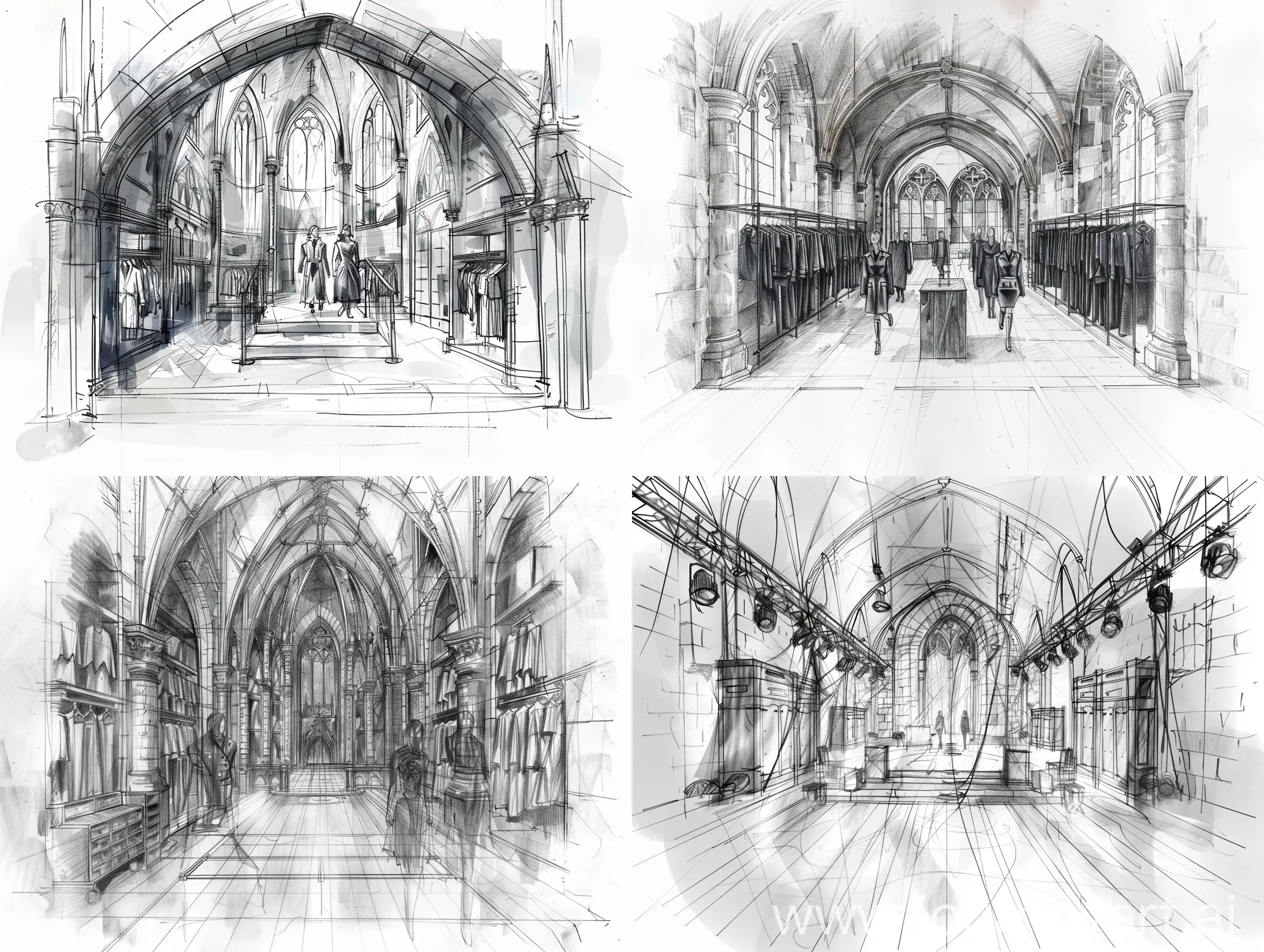 Fashion-Show-Models-in-Gothic-Cathedral-Setting-with-Leather-Clothing-Sketch