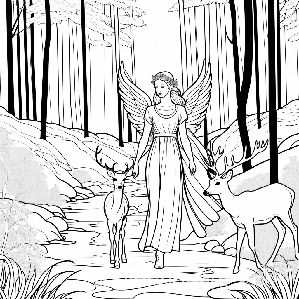 Female angel walking in forest with deer, Coloring Page, black and white, line art, white background, Simplicity, Ample White Space. The background of the coloring page is plain white to make it easy for young children to color within the lines. The outlines of all the subjects are easy to distinguish, making it simple for kids to color without too much difficulty