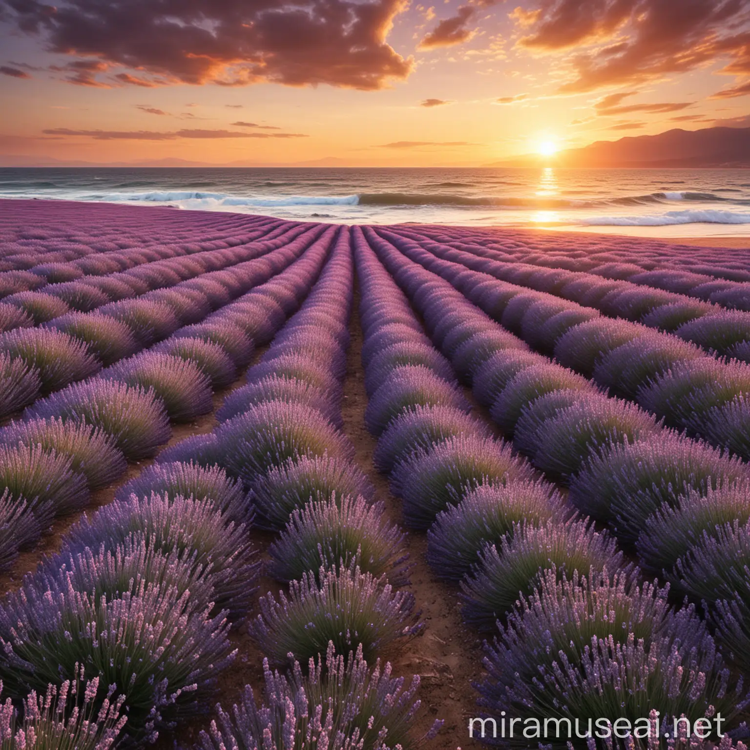 Serene Sunset Over Lavender Fields by the Turbulent Sea