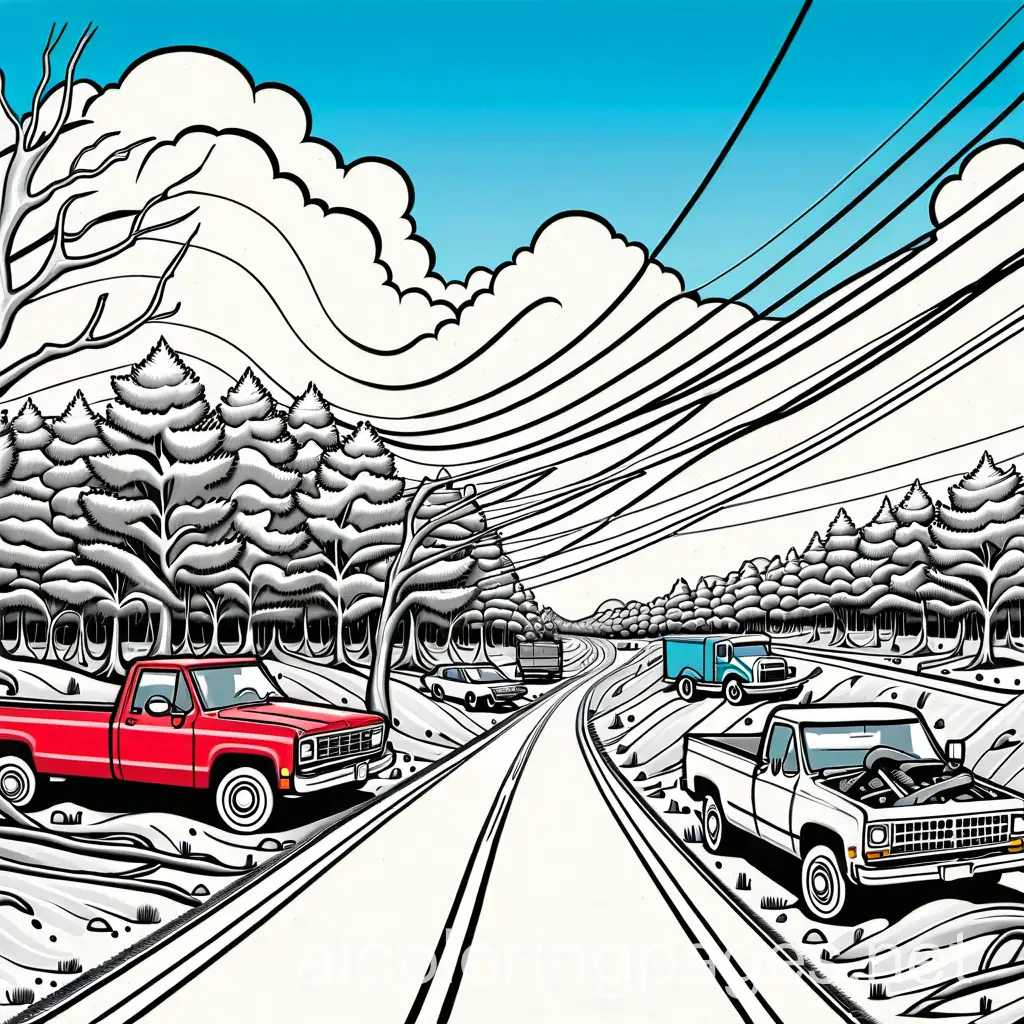 treesare broken and utility wires fallen because of a tornado winds on a blue sky day. Add a tornado wrecked red cars and black trucks on the roads. , Coloring Page, black and white, line art, white background, Simplicity, Ample White Space. The background of the coloring page is plain white to make it easy for young children to color within the lines. The outlines of all the subjects are easy to distinguish, making it simple for kids to color without too much difficulty