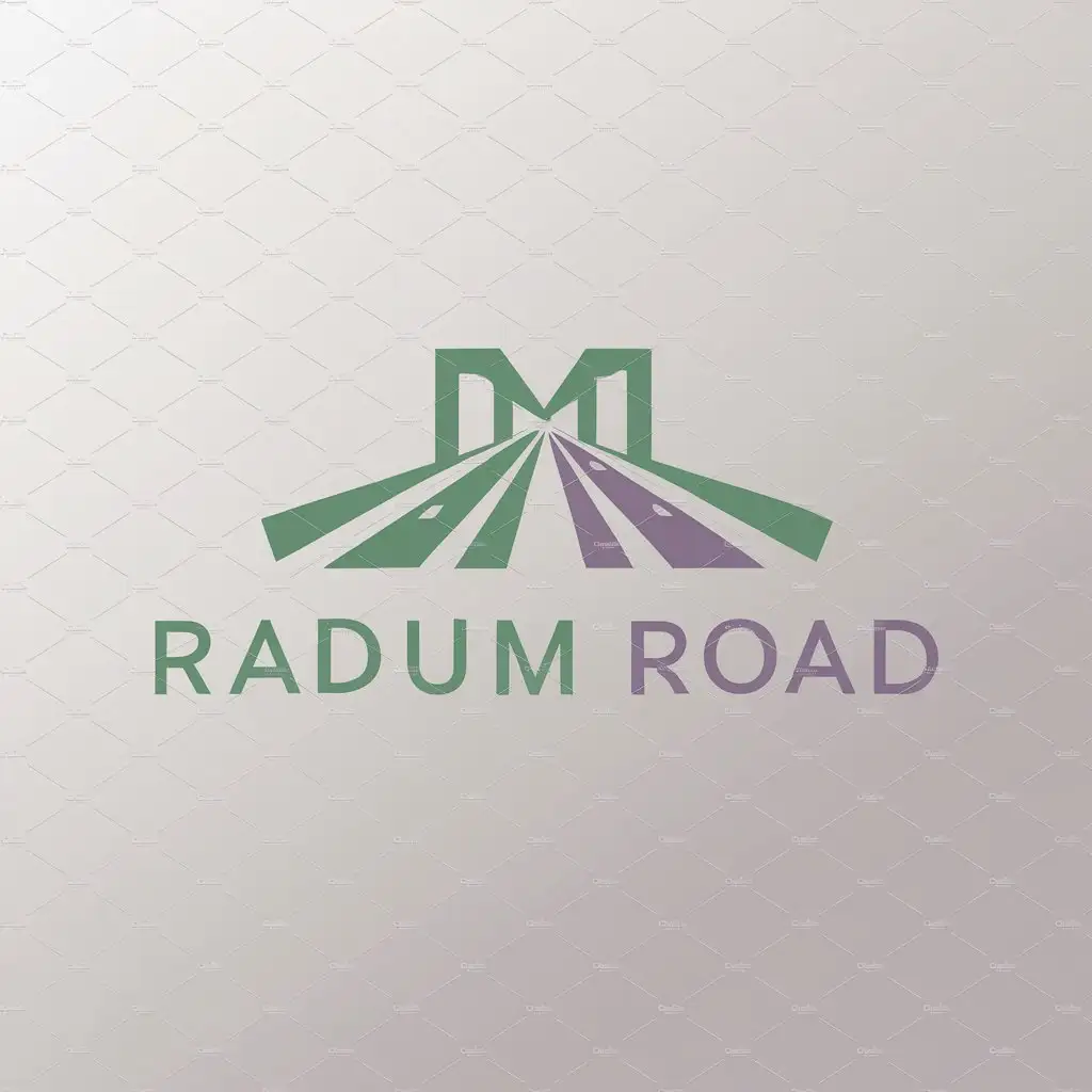 a logo design,with the text "RADUM ROAD", main symbol:Two Highways are connecting to each other in the distance and it looks like that they are making letter M . Green and purple color.,Minimalistic,clear background