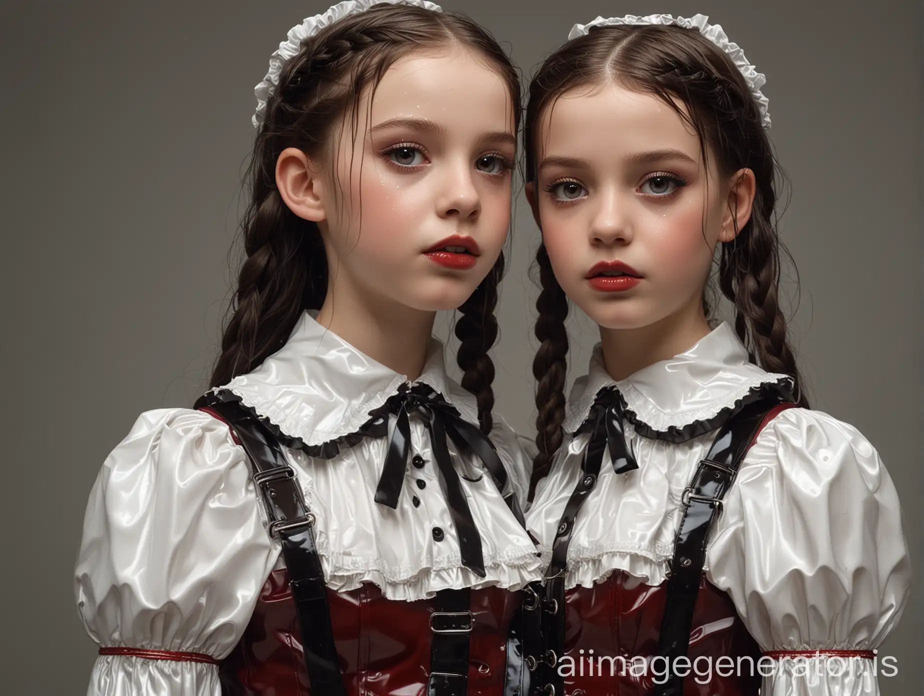 hyperrealistic image in the highest quality. full length shot of two little 10 year old  french girls. both extremely skinny. extremely white skin. big darkbrown eyes. both have two braids. one is dark blond, the other has black hair. mouthes wide open. lips extremely shiny by a lot of the shinest red lipgloss. they are stepping out of the sea in heavy summer rain. faces, hair and clothes are totally dripping wet by the rain. their mouthes are filled with rain. each girl is wearing a different outfit: one girl is wearing an extremely shiny satin first communion outfit. collared and fully closed up. shiny latex ribbon over the collar, big shiny latex veil and  in the hair. the other girl is wearing an extremely shiny latex sweet lolita outfit. collared and fully closed up. it is vertically striped in red and black. shiny latex ribbon over the collar, big shiny latex lolita ribbon in the hair over the dress she wears a shiny latex pinafore. they both wear no jewellery. no elements made of metal or stones.