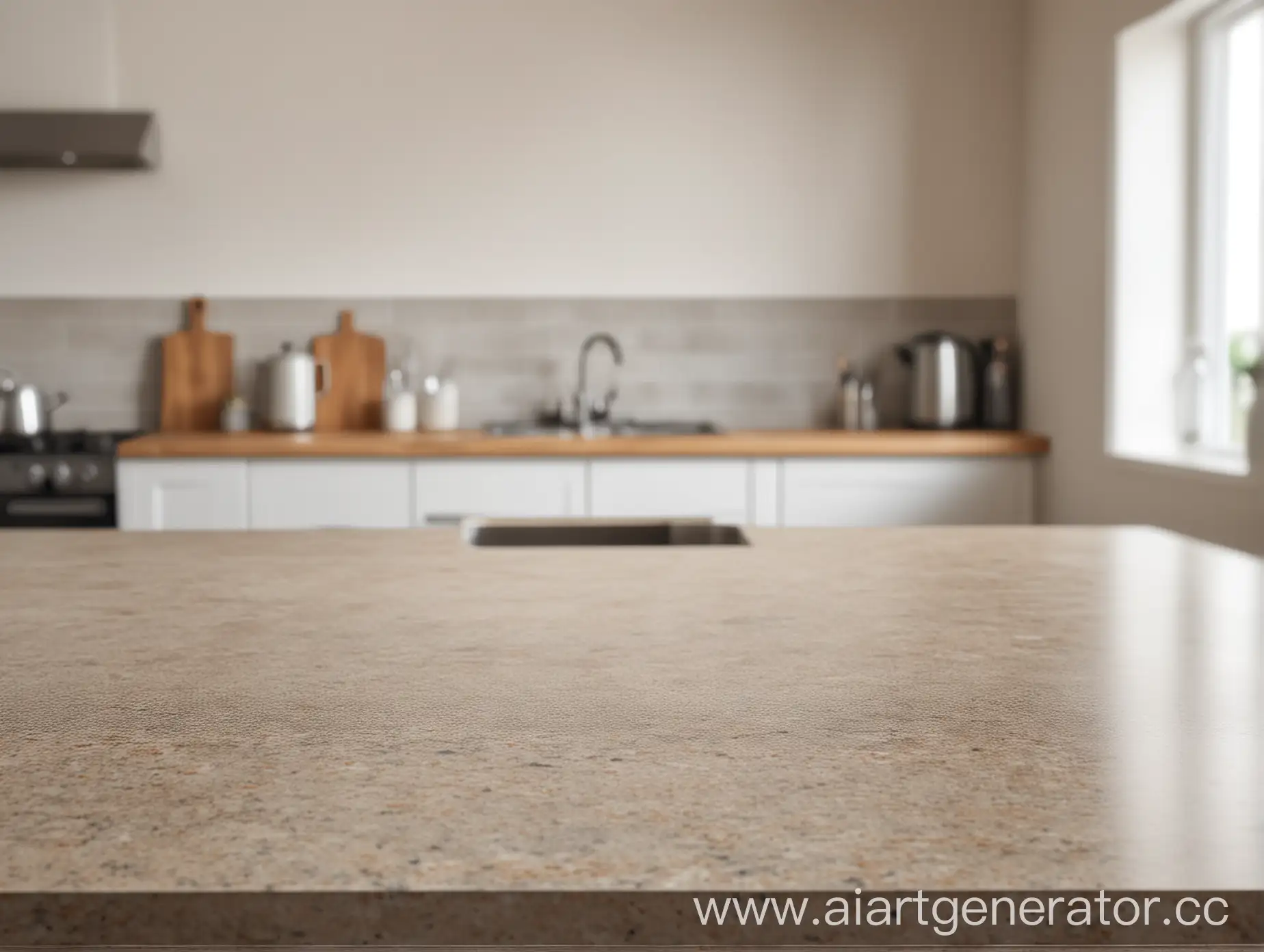 Modern kitchen countertop or tabletop with empty space over blurred kitchen in the background 