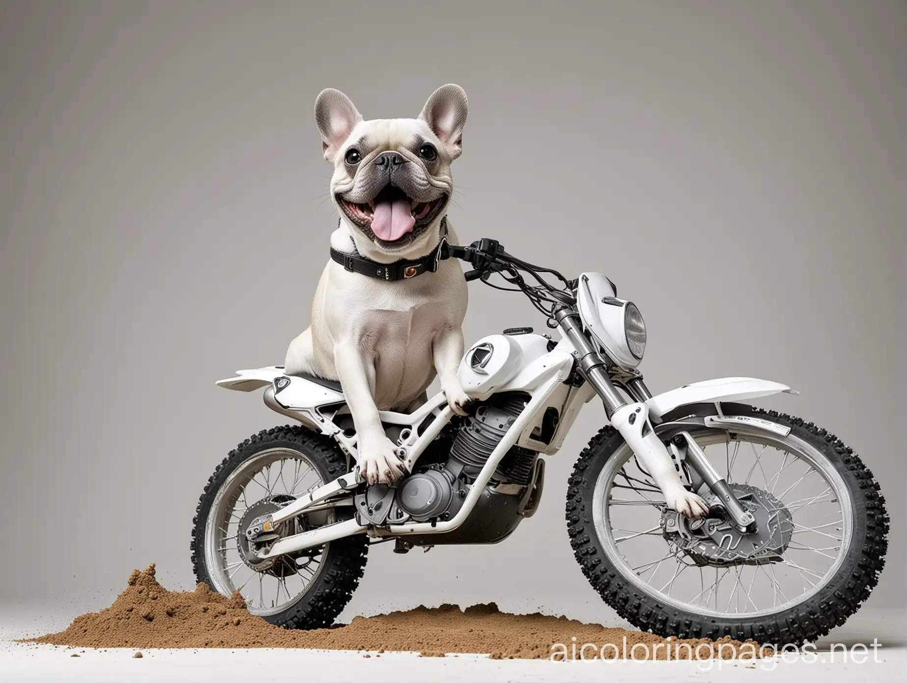 gray french bulldog riding a dirt bike with mouth open, Coloring Page, black and white, line art, white background, Simplicity, Ample White Space