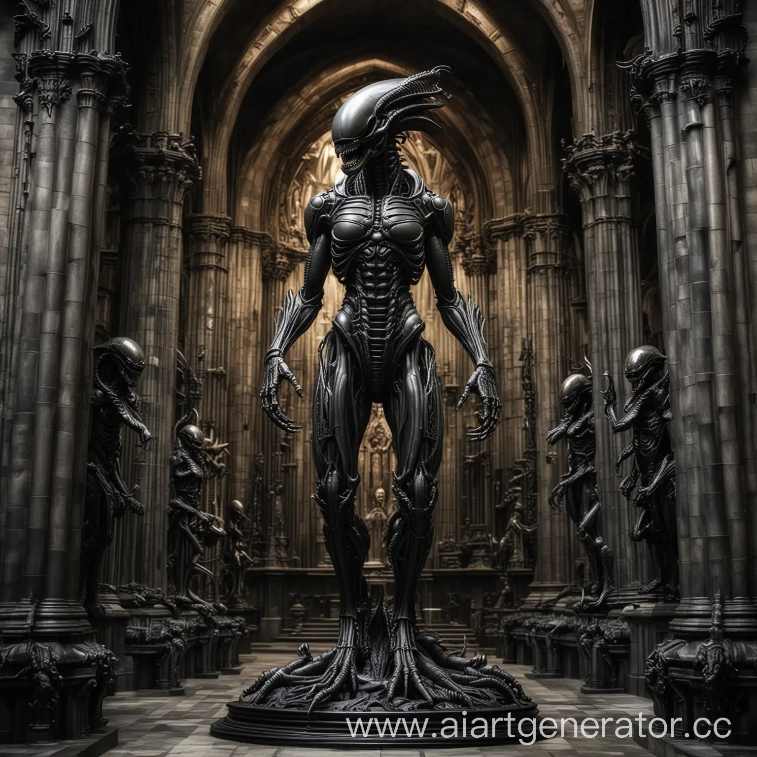 стиль Гигера, металлическая статуя ксеноморфа-Чужого в средневековом готическом соборе, максимальная чёткость изображения