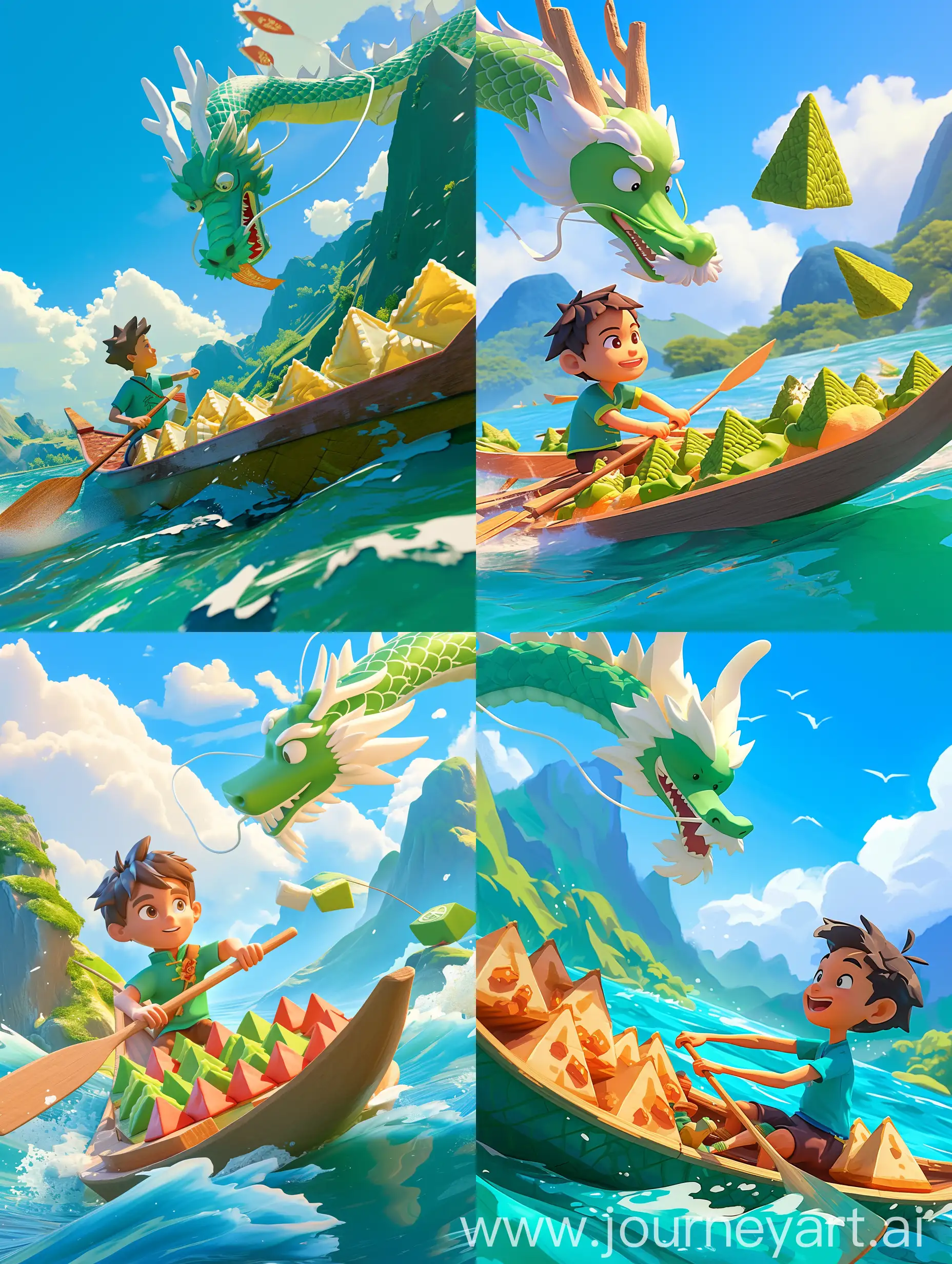 3D creative scene art, Dragon Boat Festival, Chinese traditional festival, a Chinese boy is rowing a dragon boat, the boat is full of triangular Zongzi, hand drawn illustrations, water, spring, waves, green mountains, blue sky and white clouds, a friendly green dragon with white rims looks at him from above, bright cartoon color, interesting style, high-definition details, C4D, 3D, OC rendering, 16K, super-resolution --ar 3:4 --niji 6