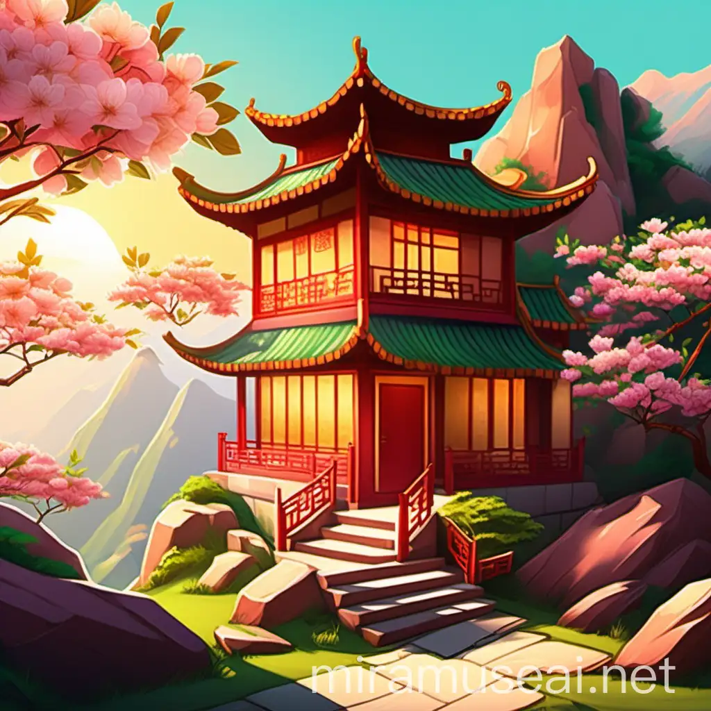 Chinese Teahouse on Mountain Cliff with Peach Blossom Tree