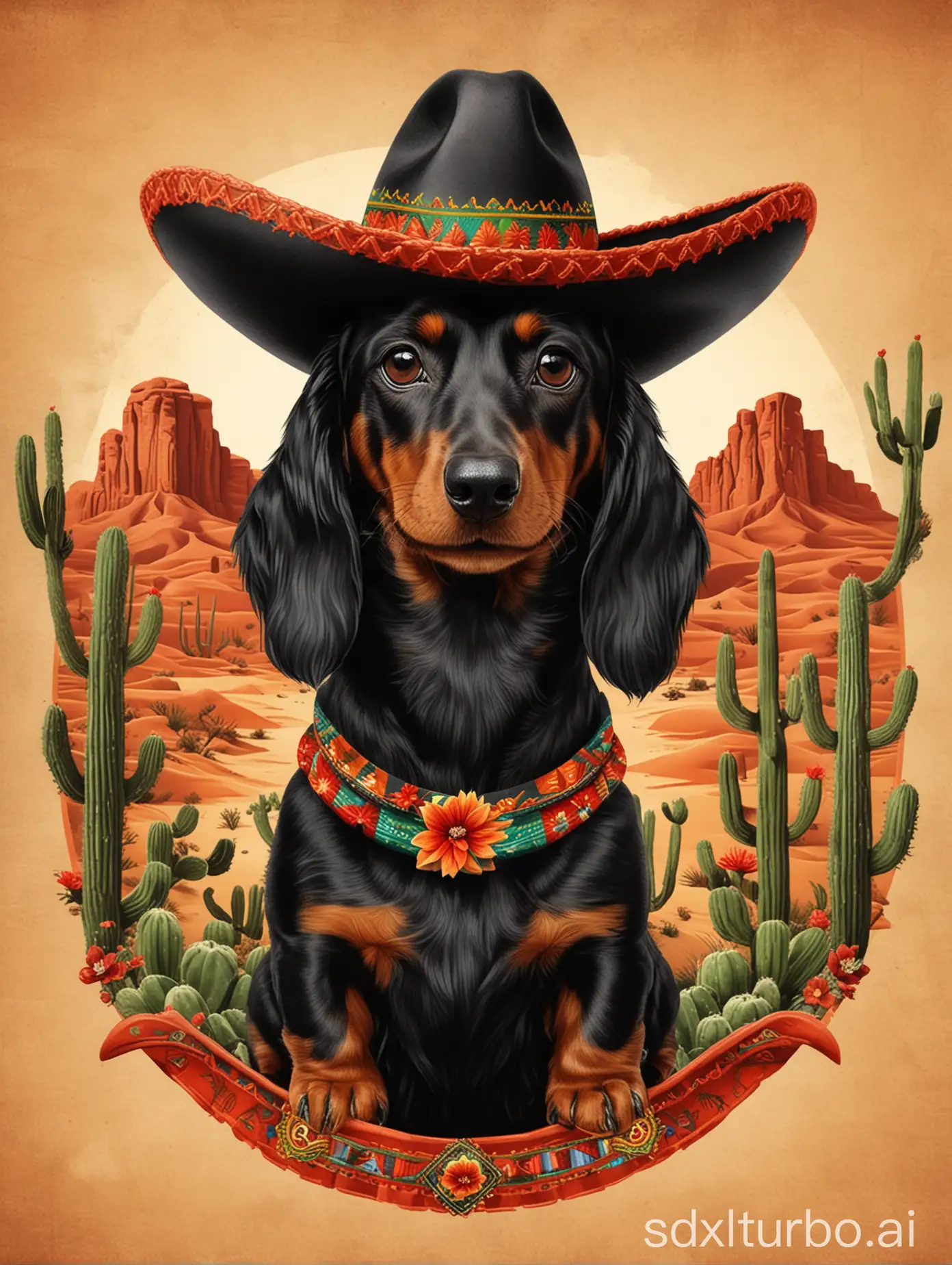 Logotipo de perro teckel negro con sombrero mexicano, cactus y desierto de fondo