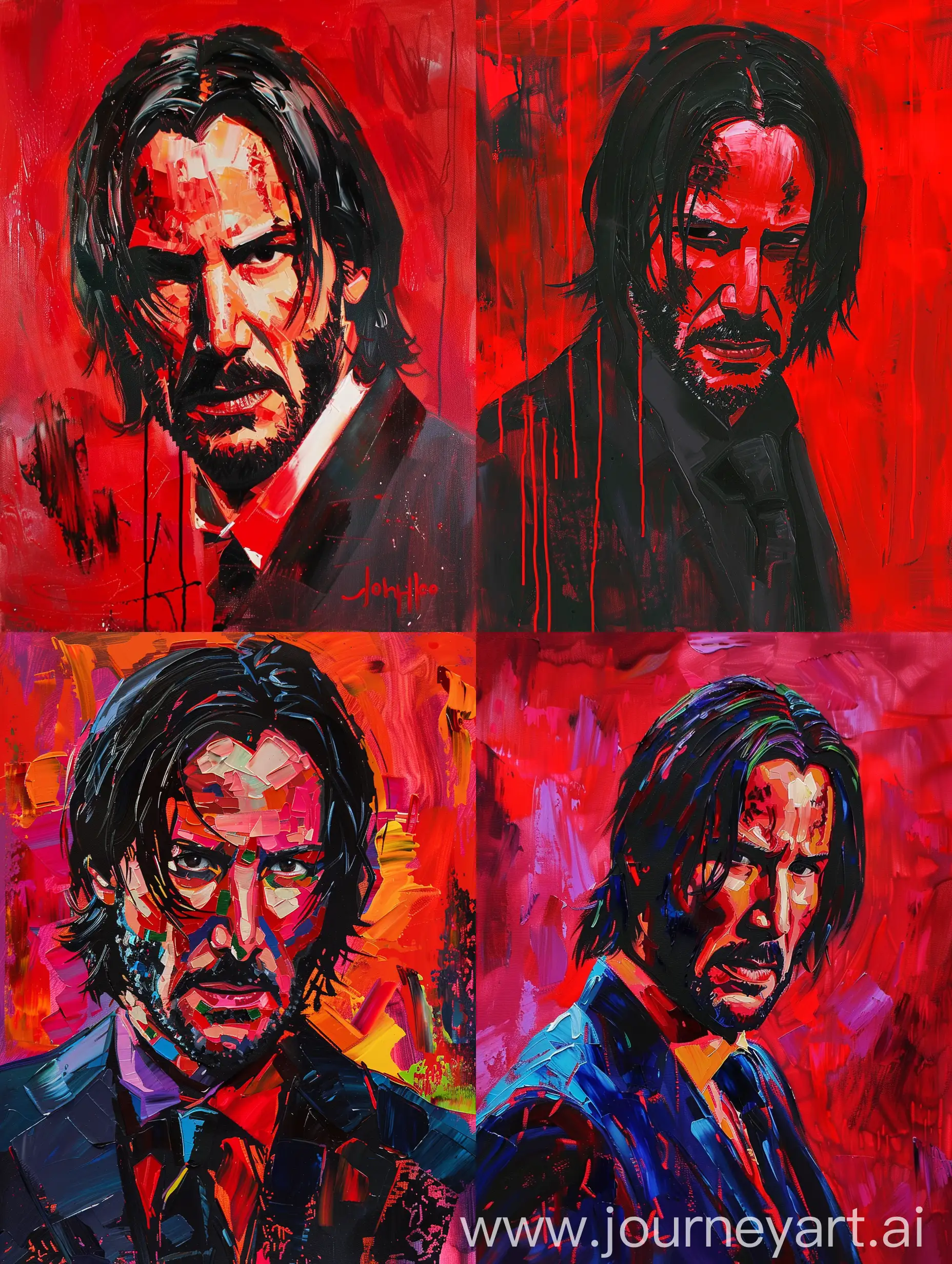 oil painting of john wick in pablo picasso style with bright red color