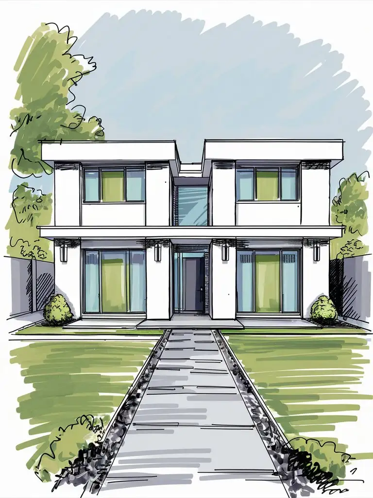 современный двухэтажный экстерьер дома в минимальном стиле цветной скетч