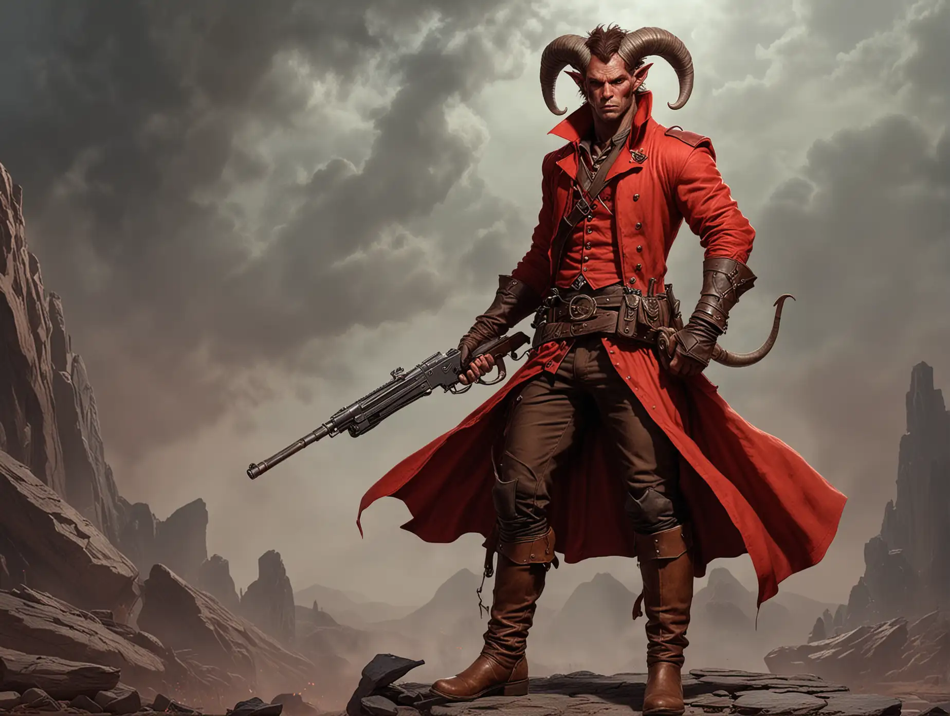 A tiefling man in red clothes and brown boots with a big gun in hands