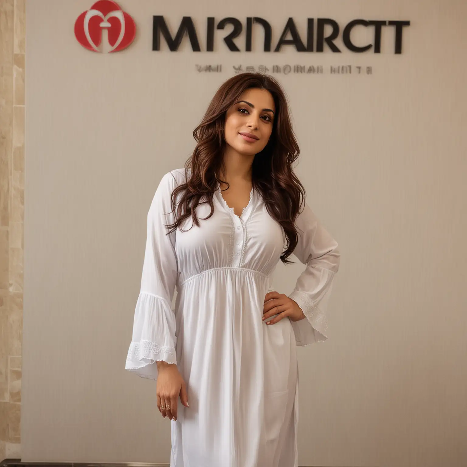 full view of a heartstoppingly beautiful 40-year old Iranian woman. She has very big heavy 36FF breasts, wearing a loose white kameez. She has long luxurious brown hair. Her hands are hidden.
she's standing in front of the marriott hotel logo