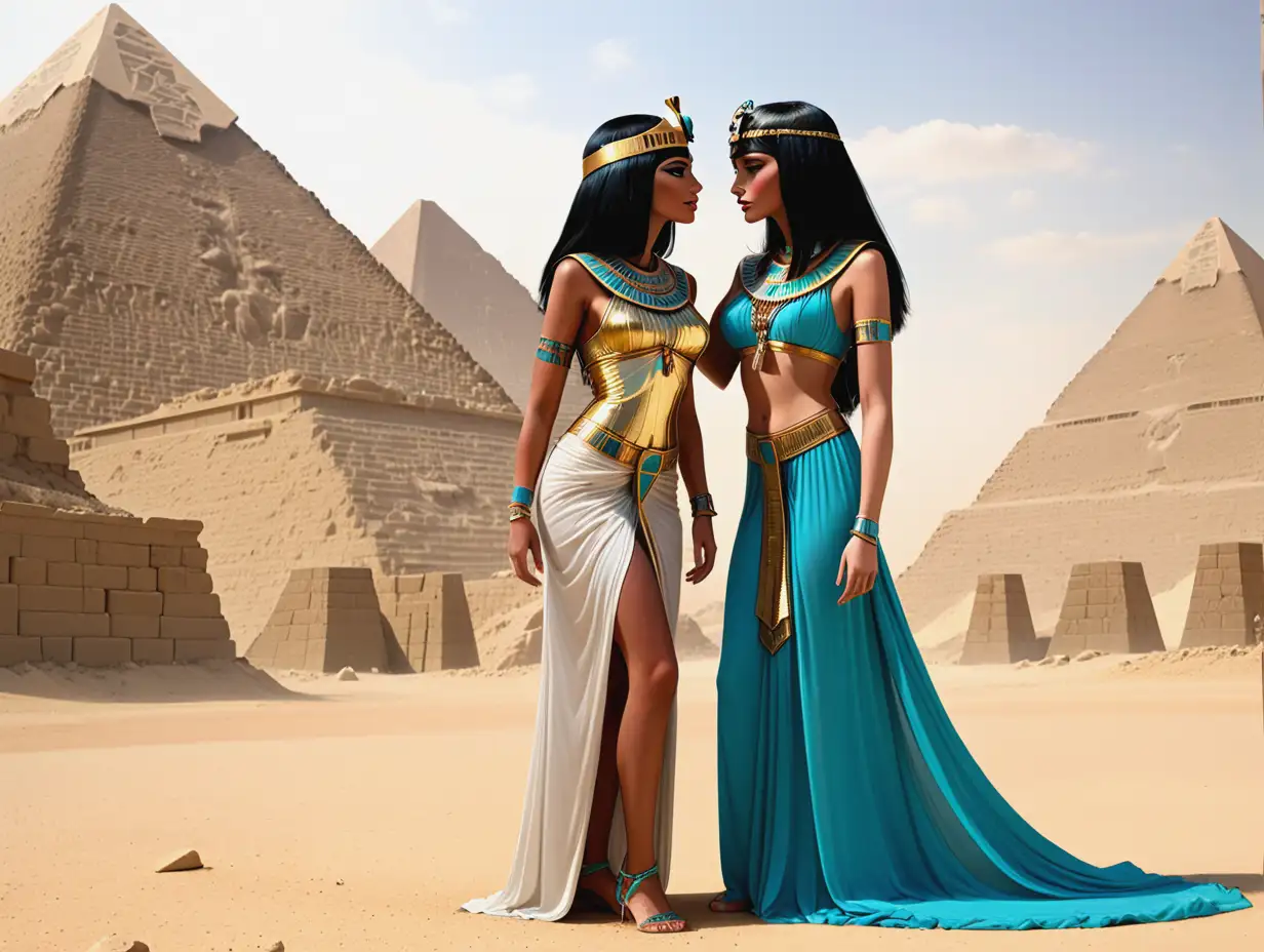 This image depicts a fantastic scene taking place in Egypt's pyramids. In the center is Cleopatra kissing a woman, she has black hair and wears an elegant golden tiara that envelops her entire hair, adorned with turquoise stones. Her outfit is a traditional royal Egyptian women's outfit - kalaziris (straight narrow dress above or below the chest and to the ankles, with straps), she has large breasts and a narrow waist.