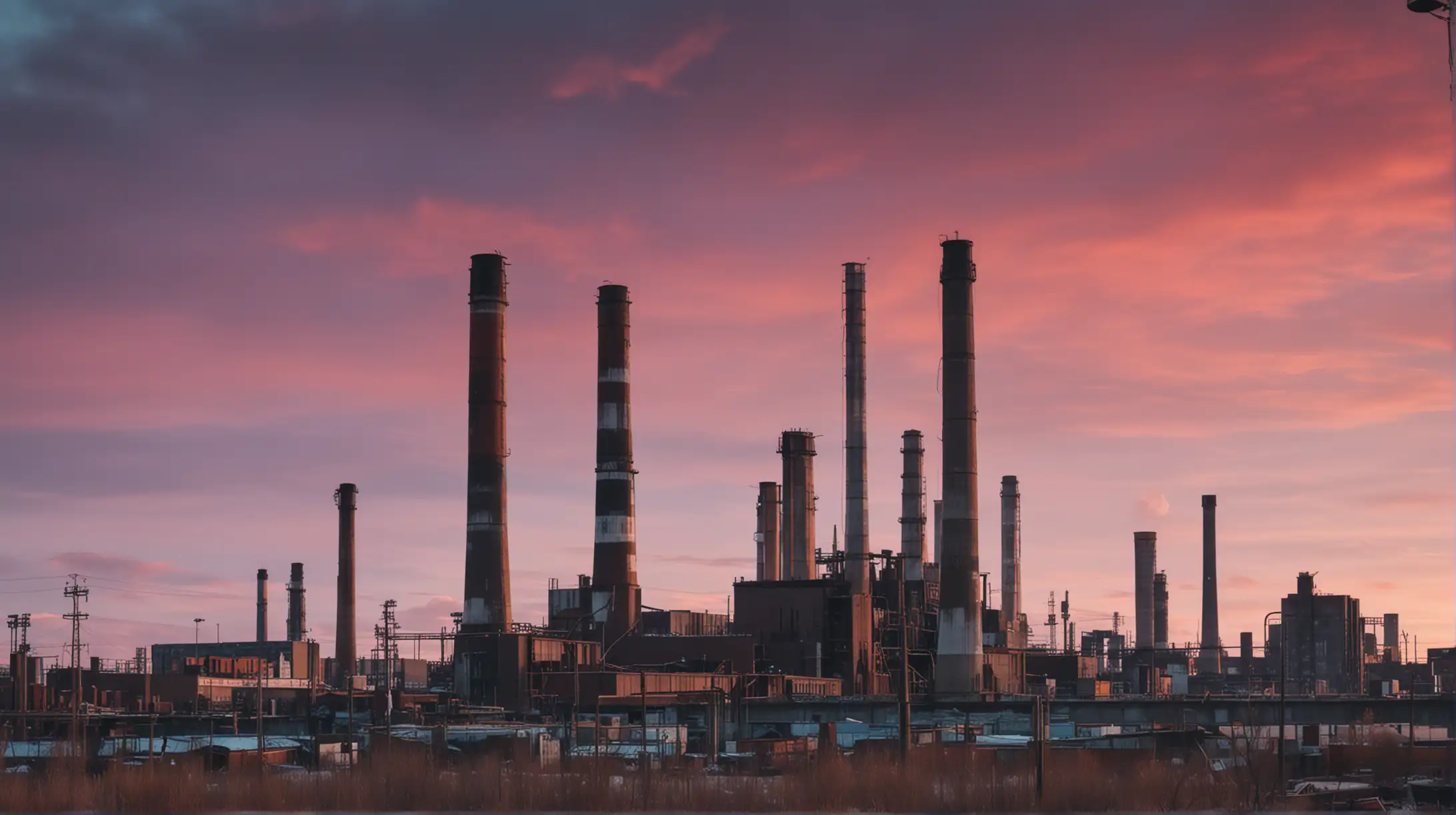 An abandoned industrial area of a city at medium distance, large empty smokestacks against a colorful sky. Cinematic lighting, photographic quality, vibrant colors.