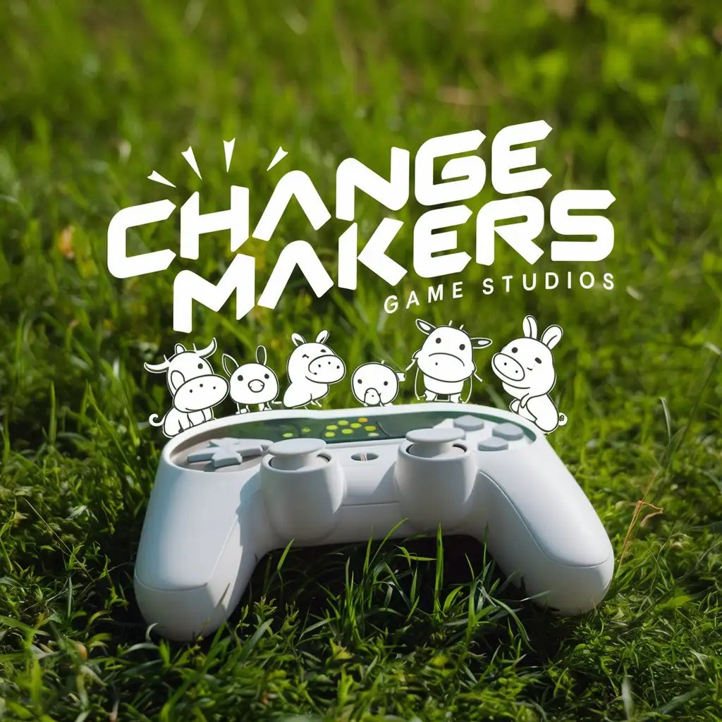 a logo design,with the text "Change Makers Game Studios", main symbol:A game controller sitting in grass, with some small cute animals (cows, rabbits, pigs) in the background,Moderate,be used in Entertainment industry,clear background