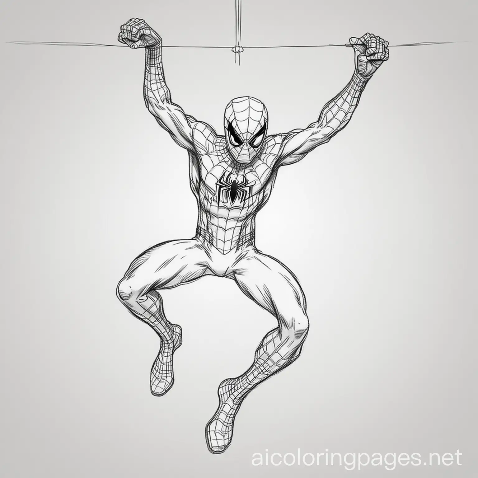 spiderman hanging from the ceiling, Coloring Page, black and white, line art, white background, Simplicity, Ample White Space. The background of the coloring page is plain white to make it easy for young children to color within the lines. The outlines of all the subjects are easy to distinguish, making it simple for kids to color without too much difficulty, Coloring Page, black and white, line art, white background, Simplicity, Ample White Space. The background of the coloring page is plain white to make it easy for young children to color within the lines. The outlines of all the subjects are easy to distinguish, making it simple for kids to color without too much difficulty