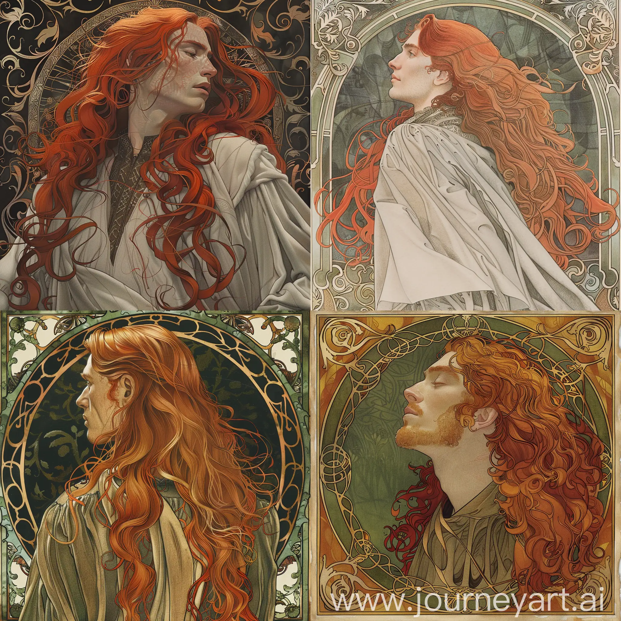 Man with long red hair, in the mantle, art nouveau, illustration