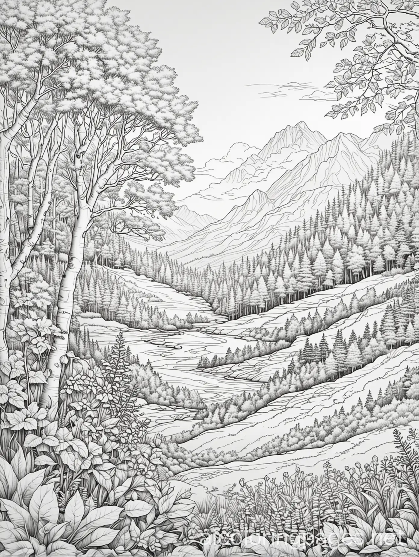 Beautiful image of nature, Coloring Page, black and white, line art, white background, Simplicity, Ample White Space. The background of the coloring page is plain white to make it easy for young children to color within the lines. The outlines of all the subjects are easy to distinguish, making it simple for kids to color without too much difficulty