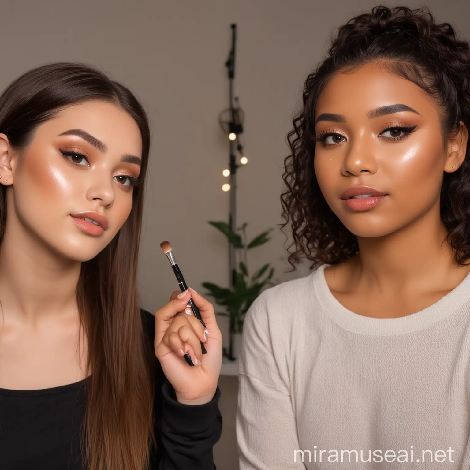 two 20 year old females of different ethnicities filming a makeup tutorial for their social media accounts
