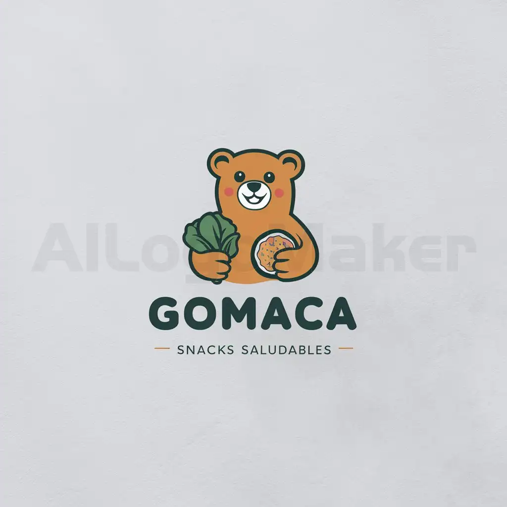 a logo design,with the text "GOMACA snacks saludables", main symbol:a rubber bear with a spinach and a passion fruit happy,Minimalistic,be used in Others industry,clear background