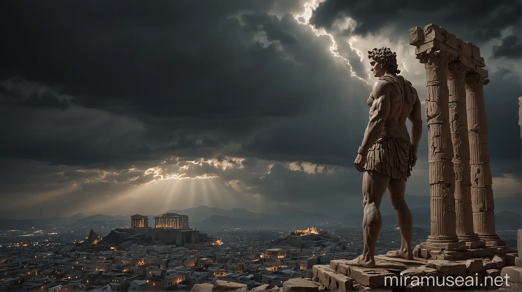 A dramatic and cinematic scene of an ancient Greek statue of a muscular warrior or god standing majestically on a ruined temple overlooking a city skyline at night, with stormy clouds parting to reveal dramatic lighting and rays of light illuminating the statue and temple ruins against the city backdrop, highly detailed, photorealistic, cinematic lighting and atmosphere, detailed stone texture, dramatic sky.