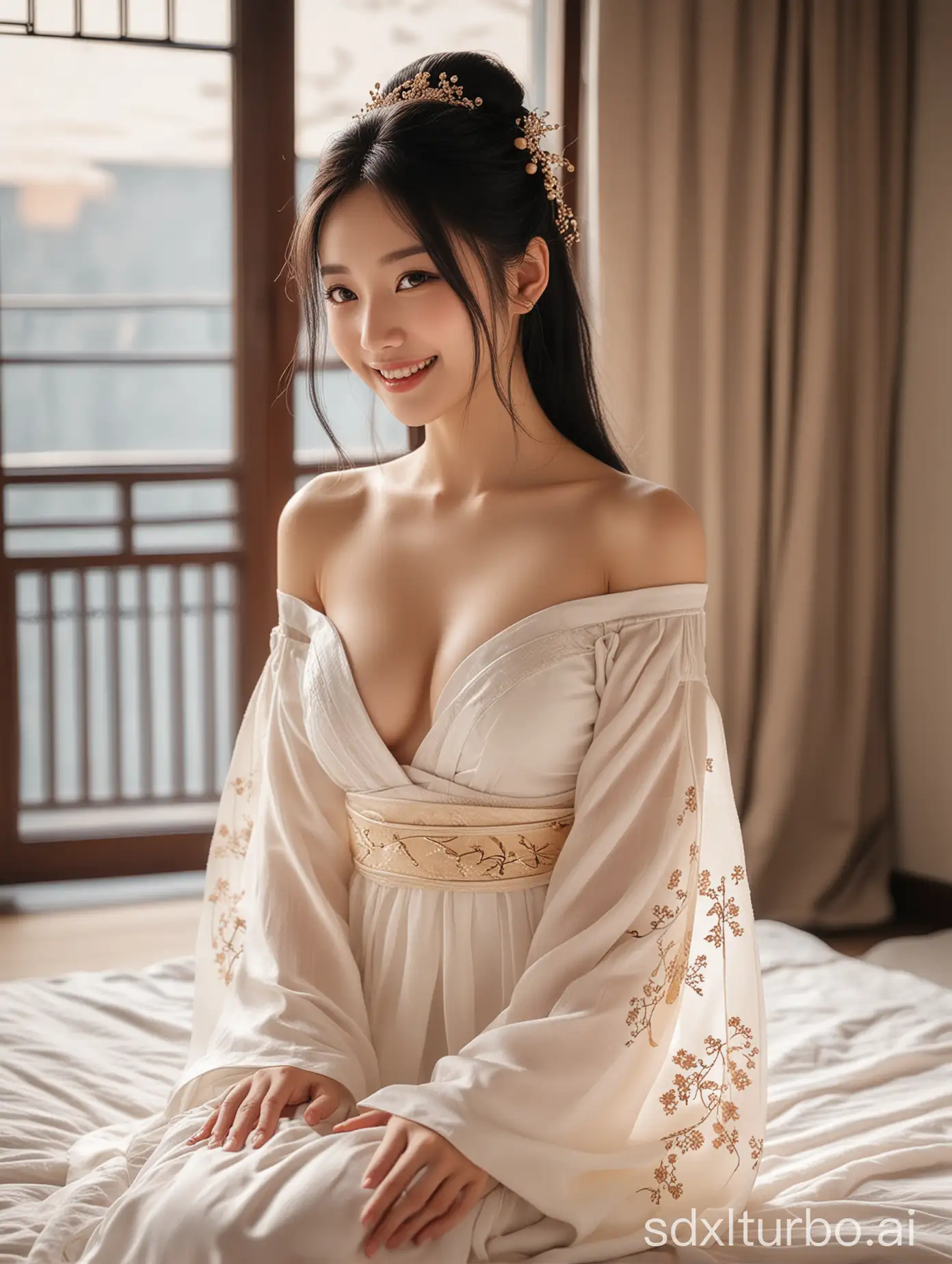 Smiling-Hanfu-Girl-with-Long-Black-Hair-in-Bedroom