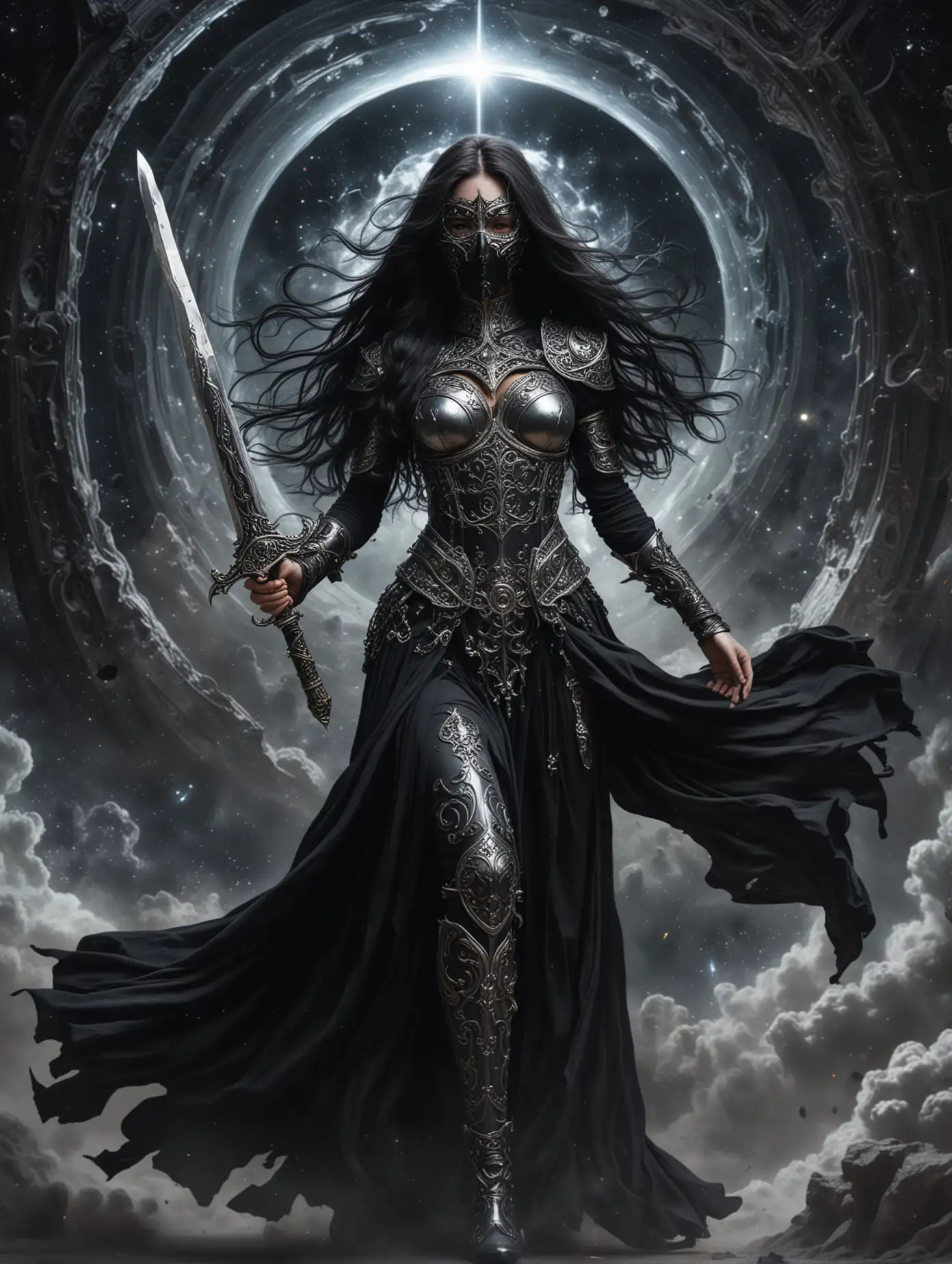Dark-Priestess-Warrior-Mystical-Woman-in-Silver-Armor-and-Mask-with-Sword-in-Space