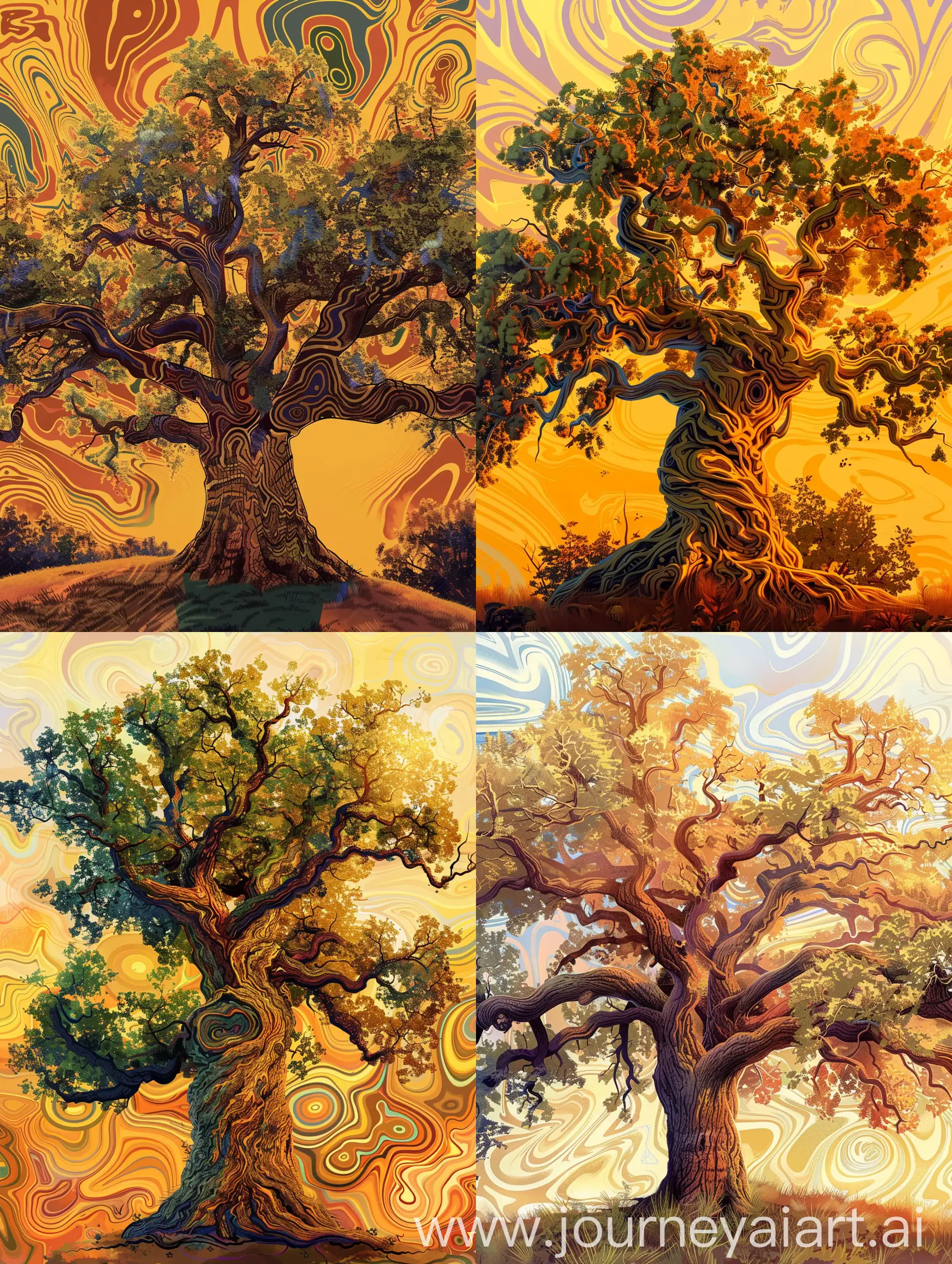 Illustration of a majestic oak tree in warm sunrise light transformed into an artwork inspired by Vincent van Gogh's style; bold brush strokes, swirling patterns, and vibrant colors dominate the scene. The tree retains its grandeur, but the essence shifts to a dreamy, emotionally charged interpretation with exaggerated textures and a dynamic composition reminiscent of van Gogh's masterpieces.