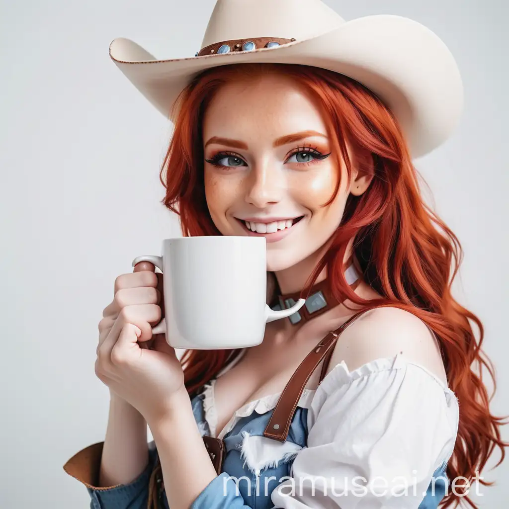 Cheerful Redhead Cosplaying Cowboy with White Mug on White Background