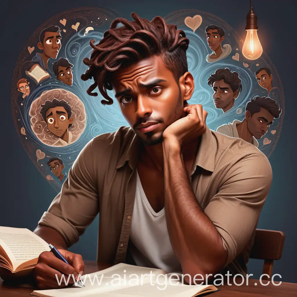 A handsome brown skin male writer in a thoughtful pose,with imaginary story scenes of love,adventures,mysteries  and horrors swirling around his head