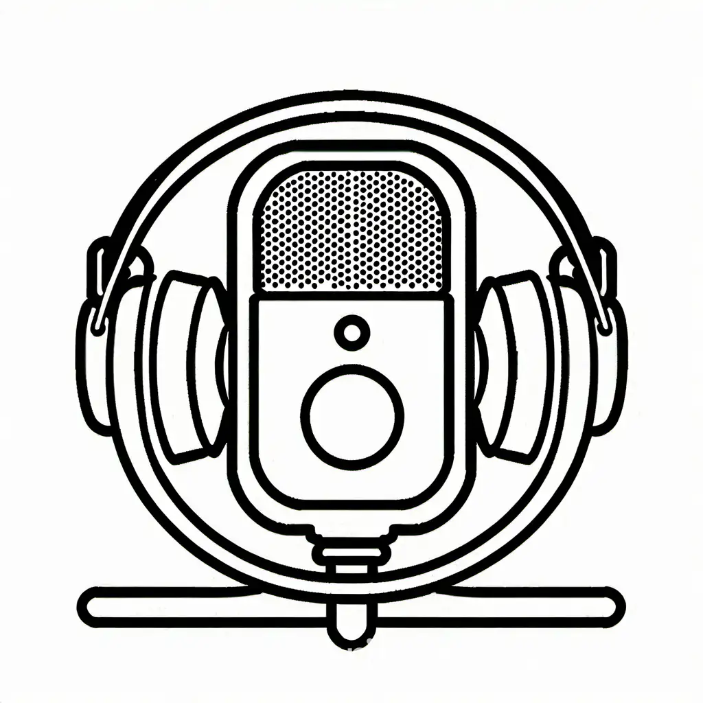 Simple podcast equipment coloring page, Coloring Page, black and white, line art, white background, Simplicity, Ample White Space. The background of the coloring page is plain white to make it easy for young children to color within the lines. The outlines of all the subjects are easy to distinguish, making it simple for kids to color without too much difficulty