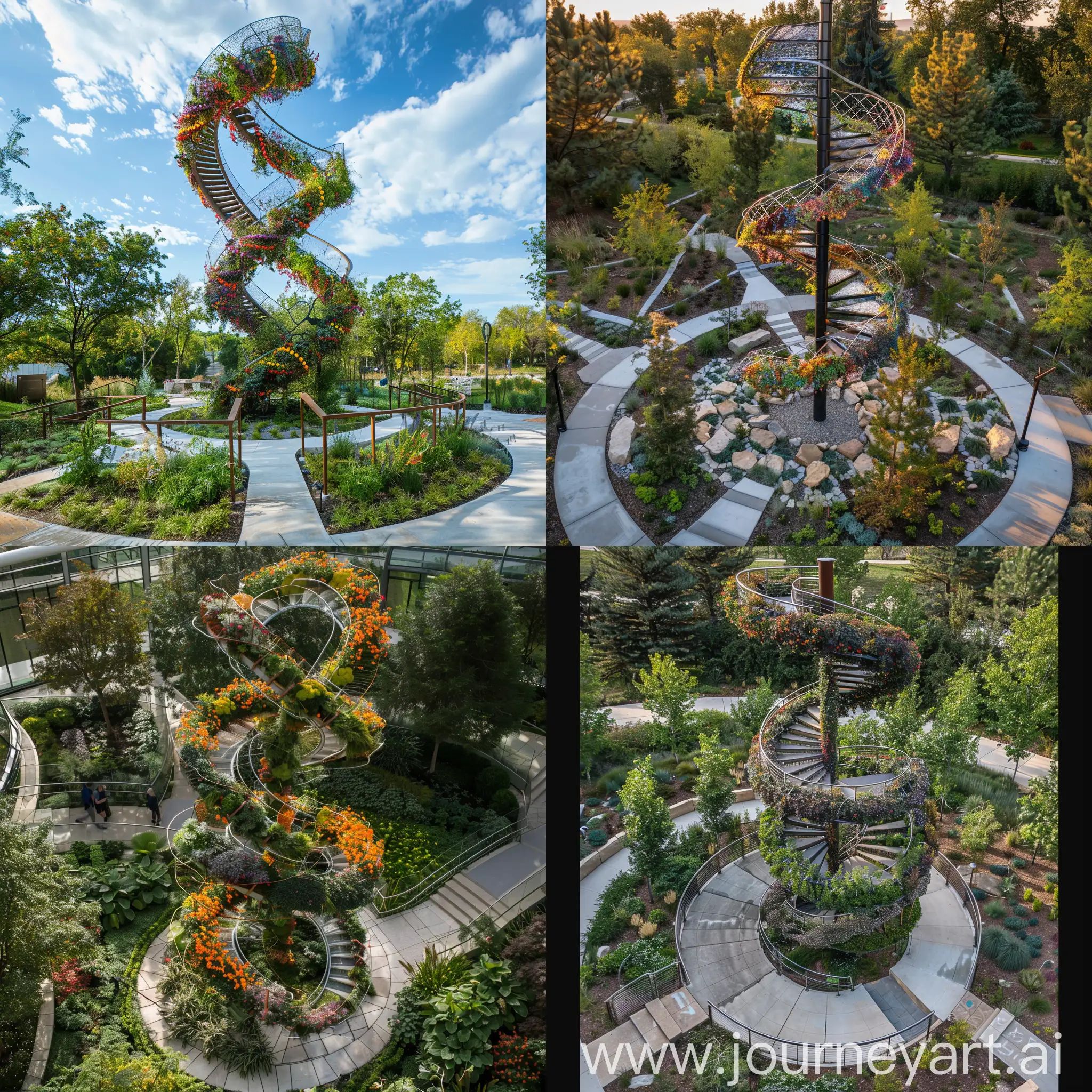 A large DNA helix sculpture made of intertwined plants, metal, and glass, surrounded by landscaped gardens. Pathways lead to various interactive art pieces that represent genetic concepts. A striking DNA sculpture surrounded by landscaped gardens, with pathways leading to various interactive art pieces.