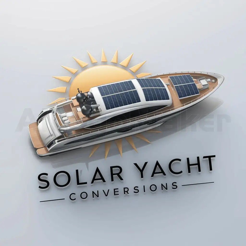 a logo design,with the text "SOLAR YACHT CONVERSIONS", main symbol:elegant yacht with solar panels on the top deck, overhead view of the yacht, with the sun in the background. energy. clear background, perfect, masterpiece.,Moderate,clear background