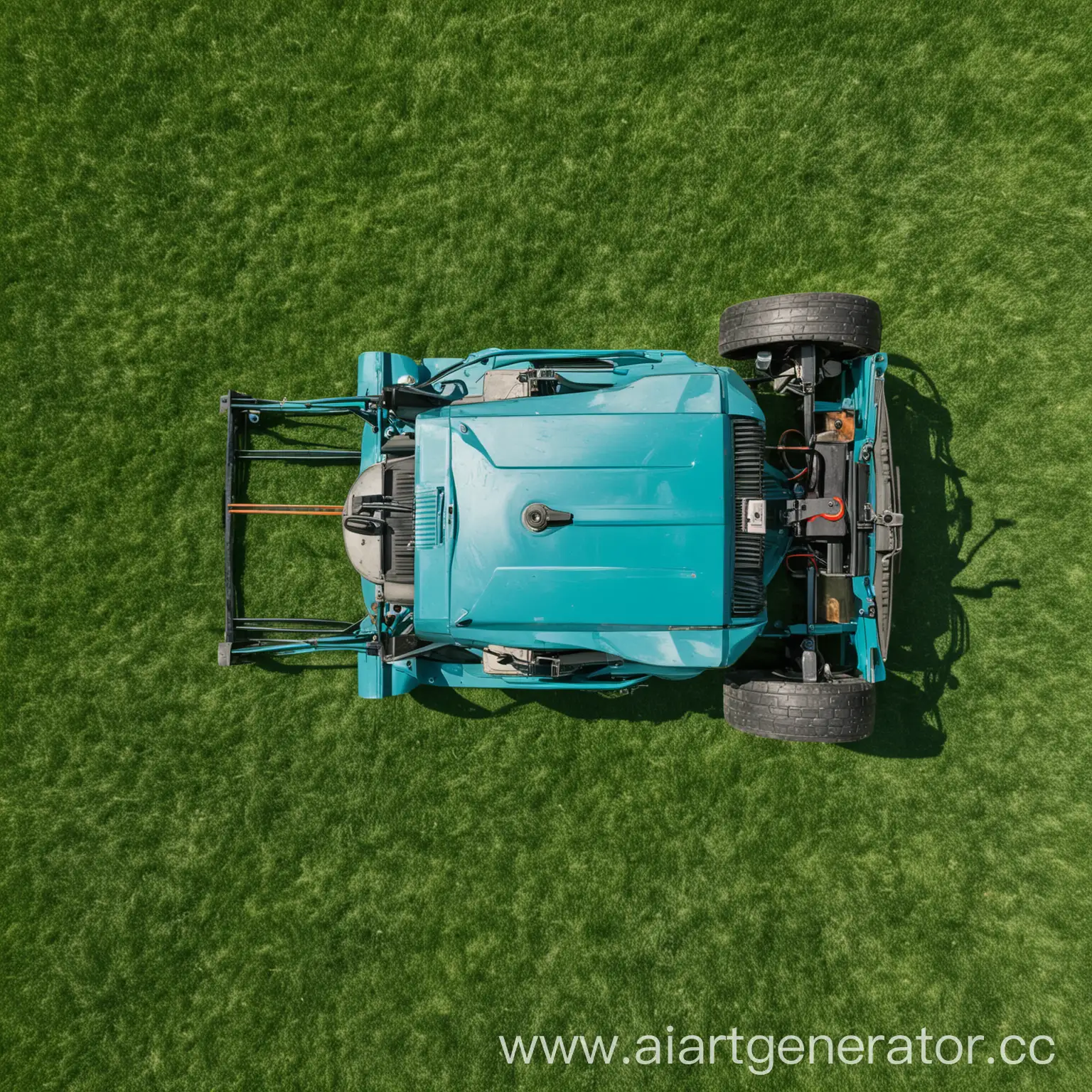 синяя газонокосилка косит зеленый газон, вид сверху 