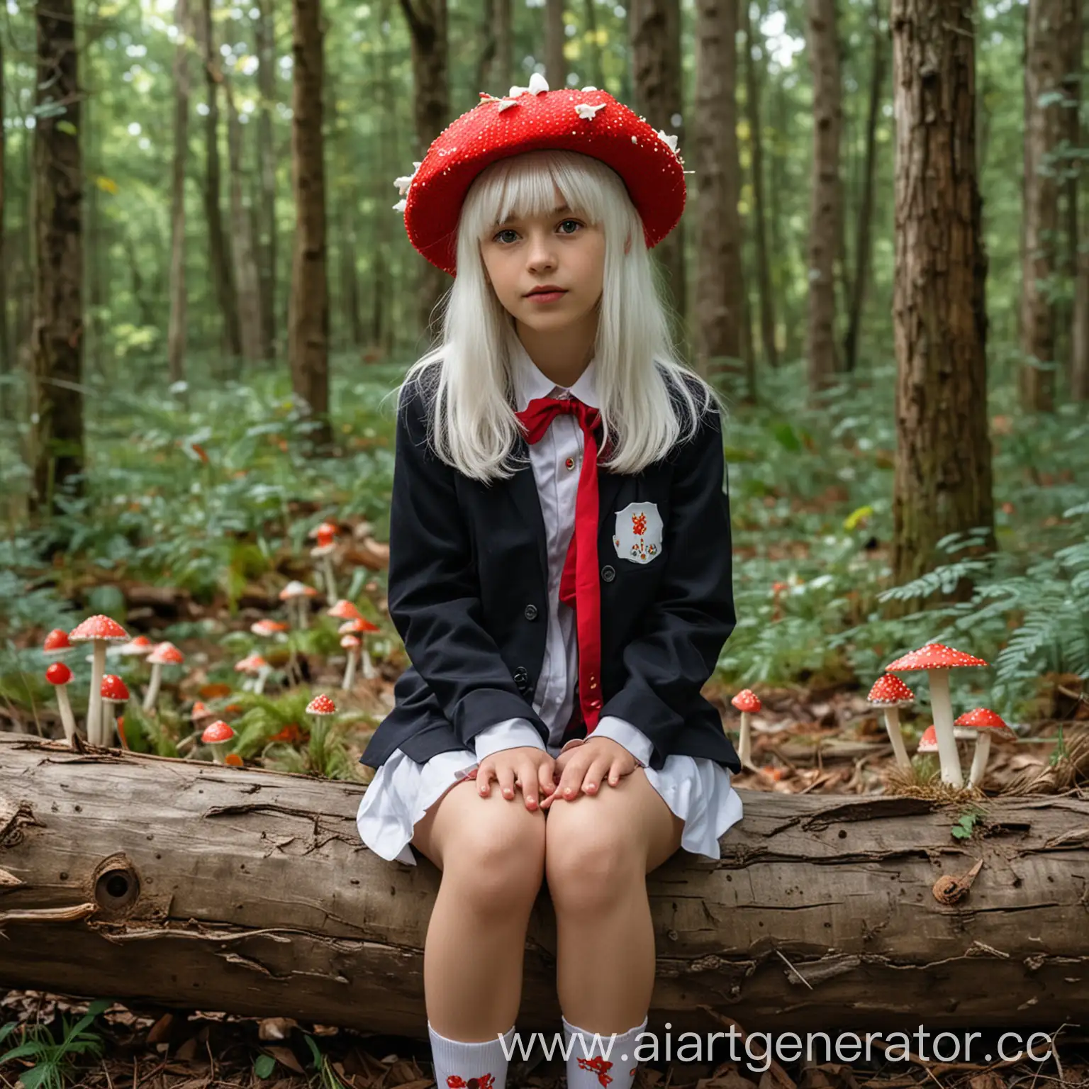 Enchanting-Forest-Scene-WhiteHaired-Girl-in-Fly-Agaric-Hat-and-School-Uniform