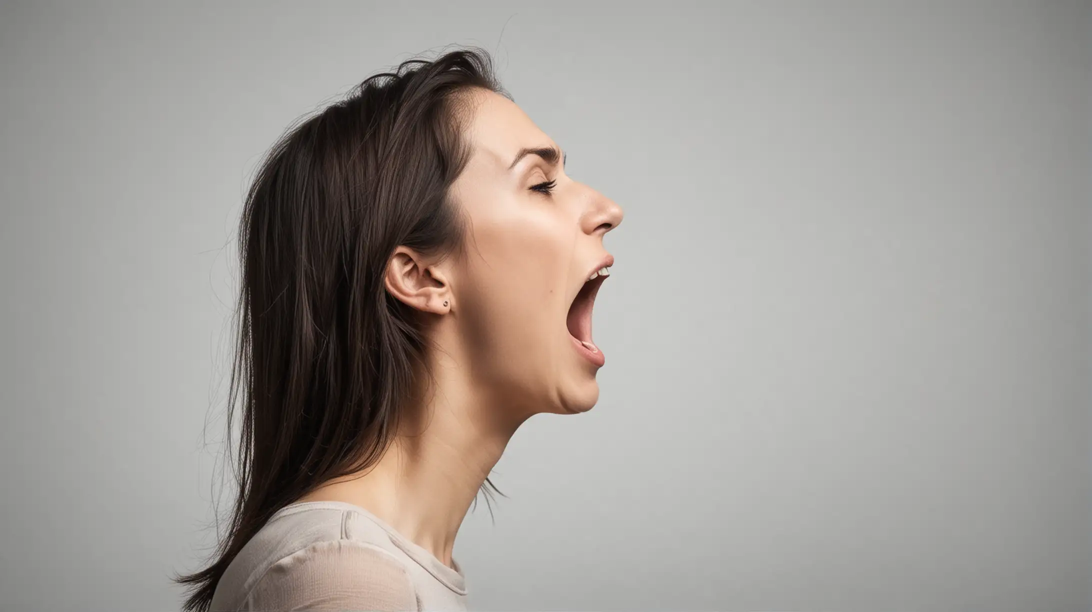 Side profile of a women head and she's screaming, it appears to the middle of the image, the other half of the image is empty