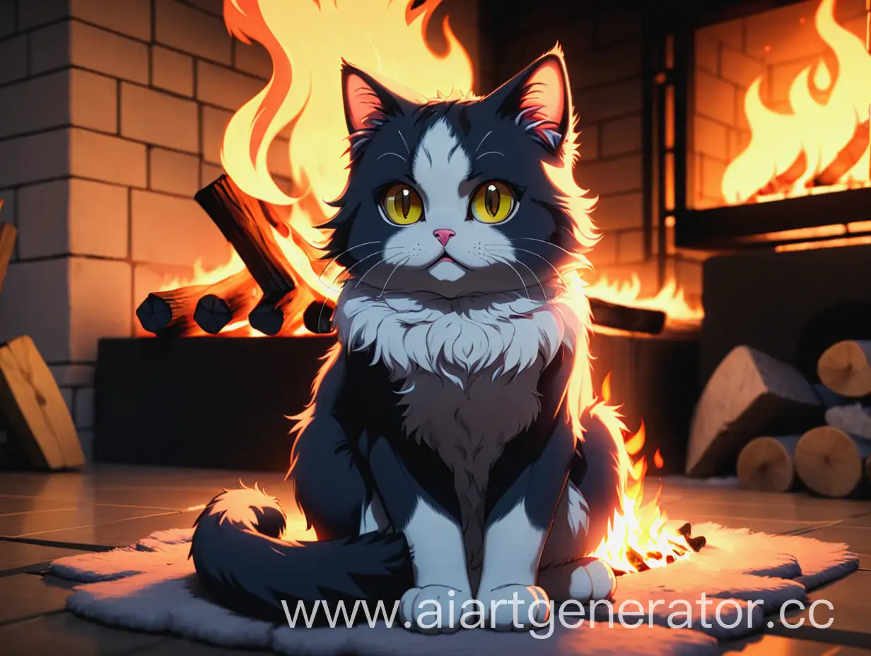 кошка сидит перед огнём, стиль аниме, 8k 
