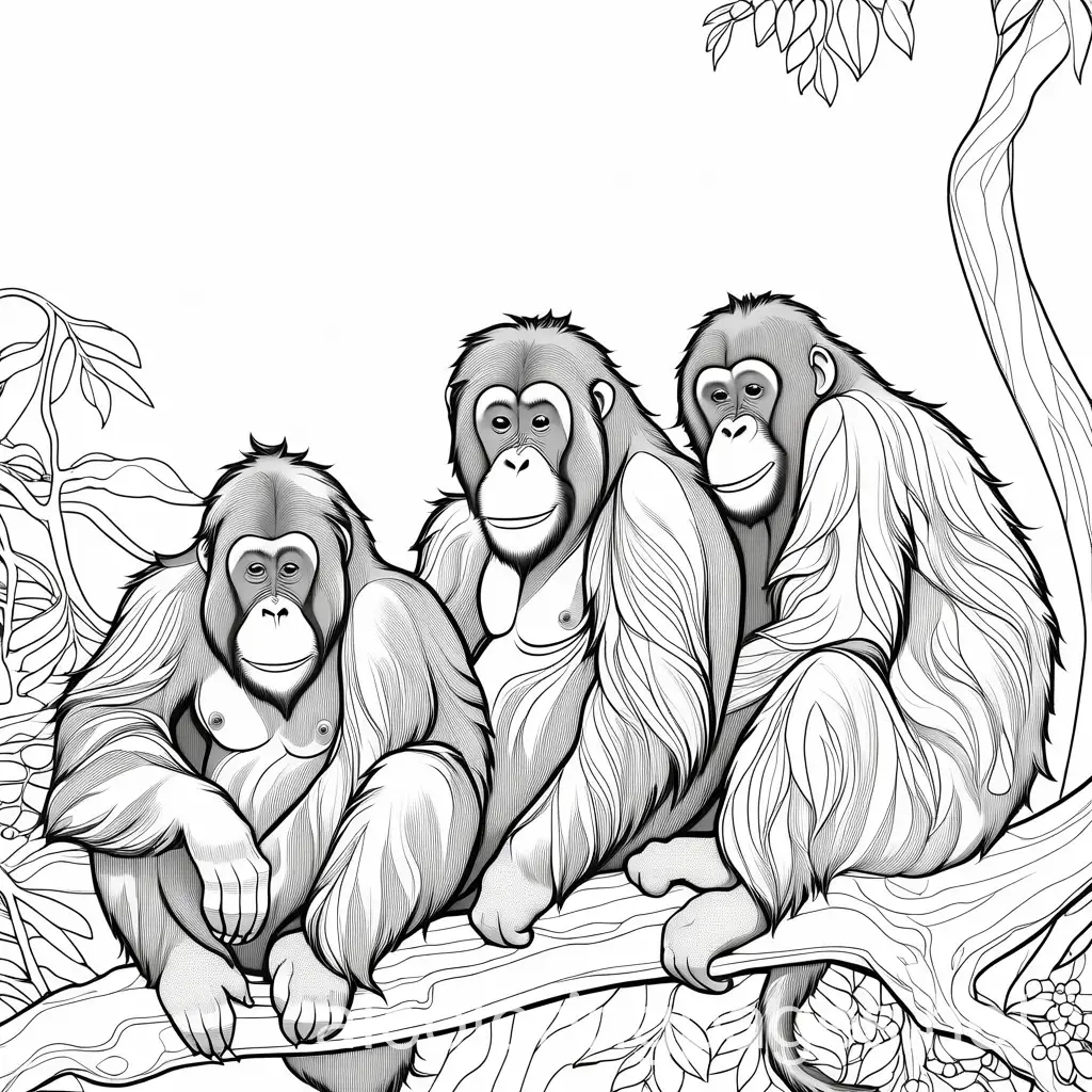 Wildlife orangutans, Coloring Page, black and white, line art, white background, Simplicity, Ample White Space. The background of the coloring page is plain white to make it easy for young children to color within the lines. The outlines of all the subjects are easy to distinguish, making it simple for kids to color without too much difficulty