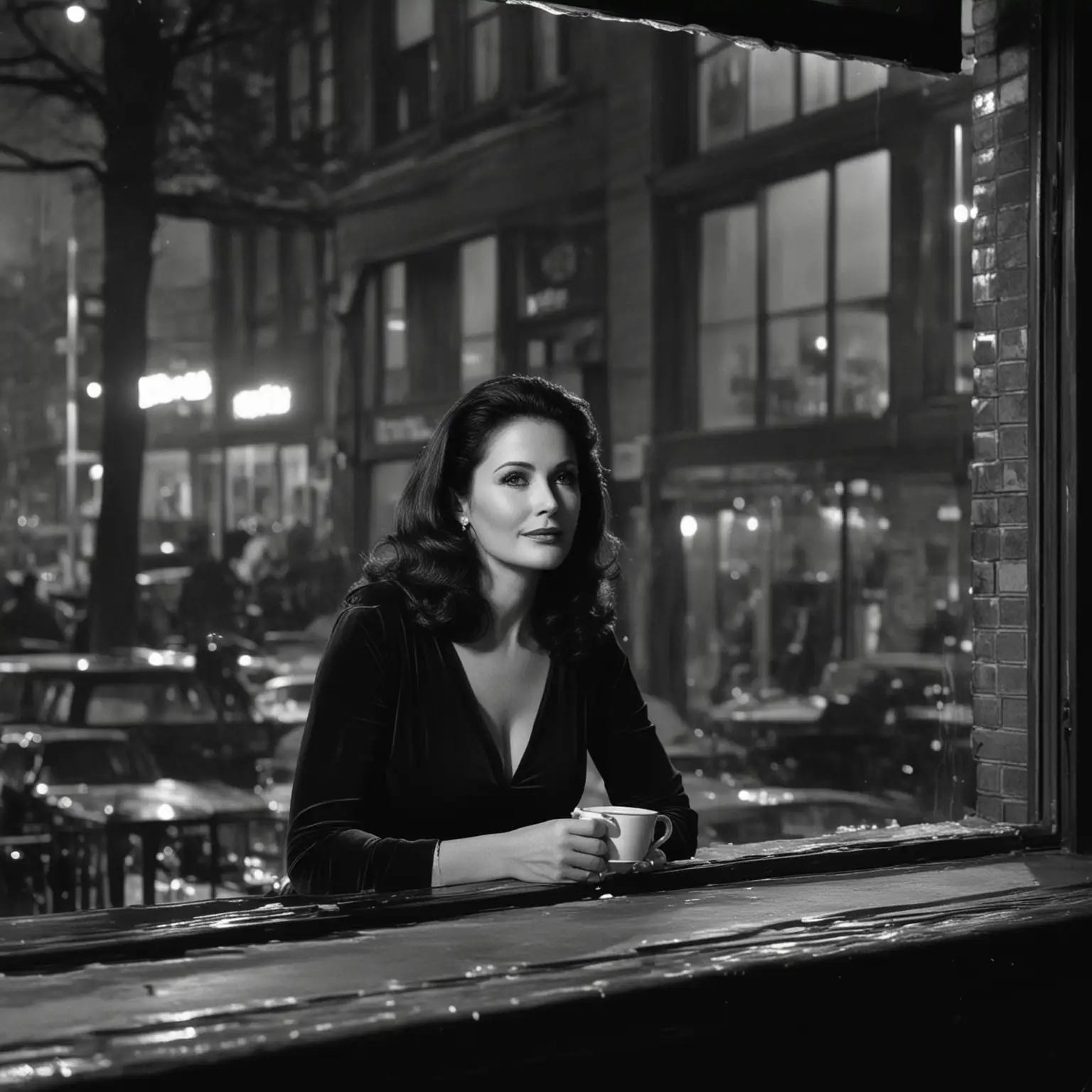 Nighttime Scene Lynda Carter Enjoying Coffee in New York City
