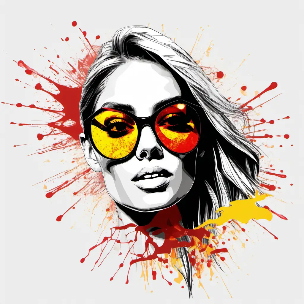 generate realistic profesional design featuring a image of a beautifull woman wearing sungalsses splitted in glass pieces . add red and yellow ink splash and lines over the design . use white  blank background