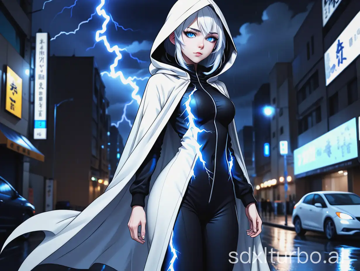 anime girl. white middle hair. light-blue eyes. thin eyebrows. CLOTHES COVERS ALL BODY. fitting jumpsuit. fully fitting black clothes. pictures on clothes in the form of white blue lightning. beautiful butt. white cloak with hood. white boots. full height. background night rainy city.