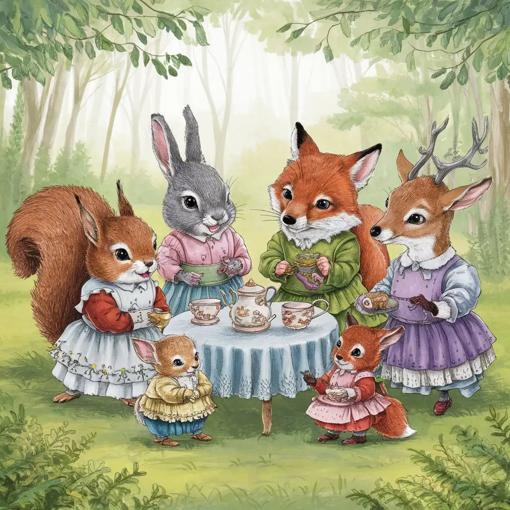 A playful cartoon of animals enjoying a tea party in the forest.